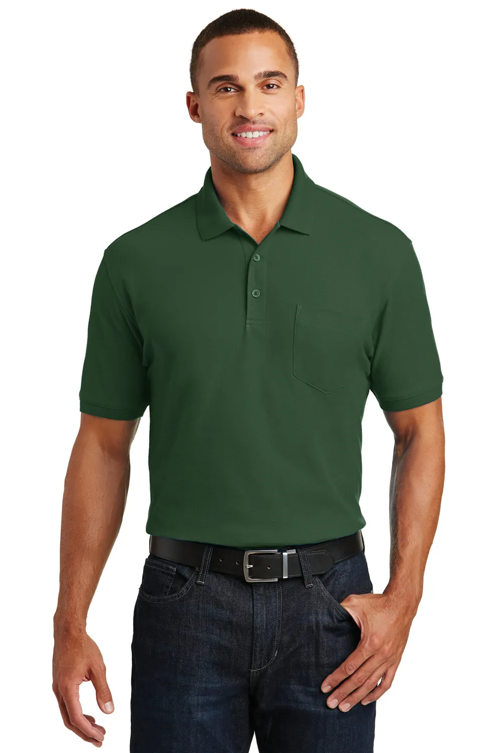 Port Authority Mens Core Classic Short Sleeve Polo Shirt w/ Pocket - Deep Forest Green - Closeout
