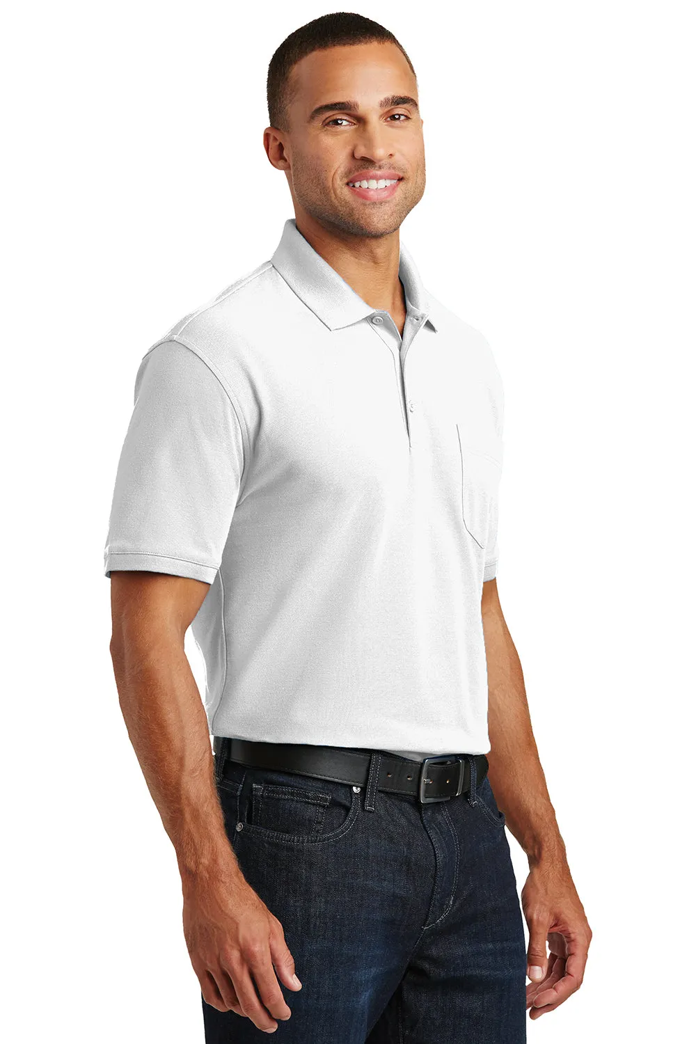 Port Authority Mens Core Classic Short Sleeve Polo Shirt w/ Pocket - White - Closeout