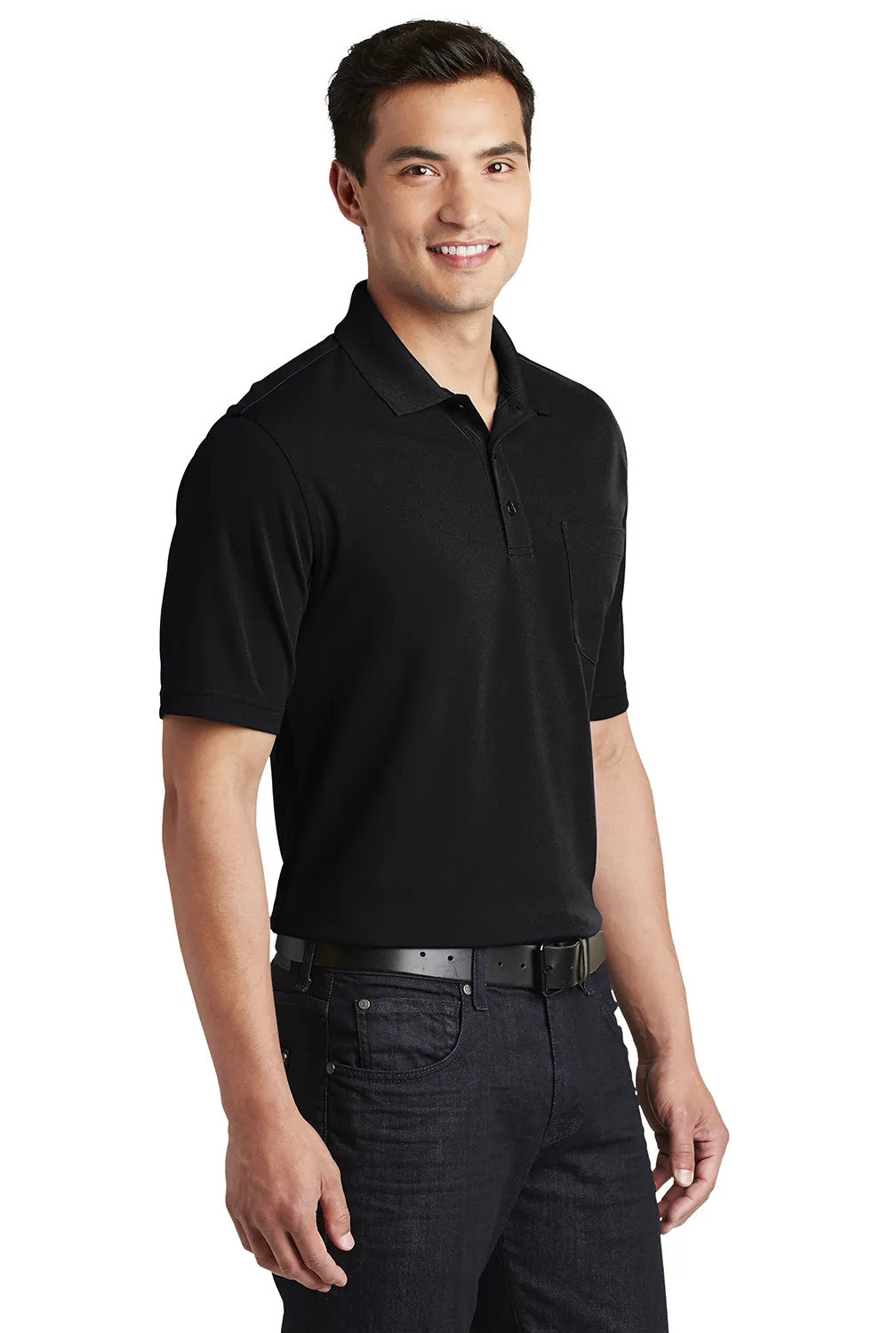 Port Authority Mens Dry Zone Moisture Wicking Short Sleeve Polo Shirt w/ Pocket - Deep Black