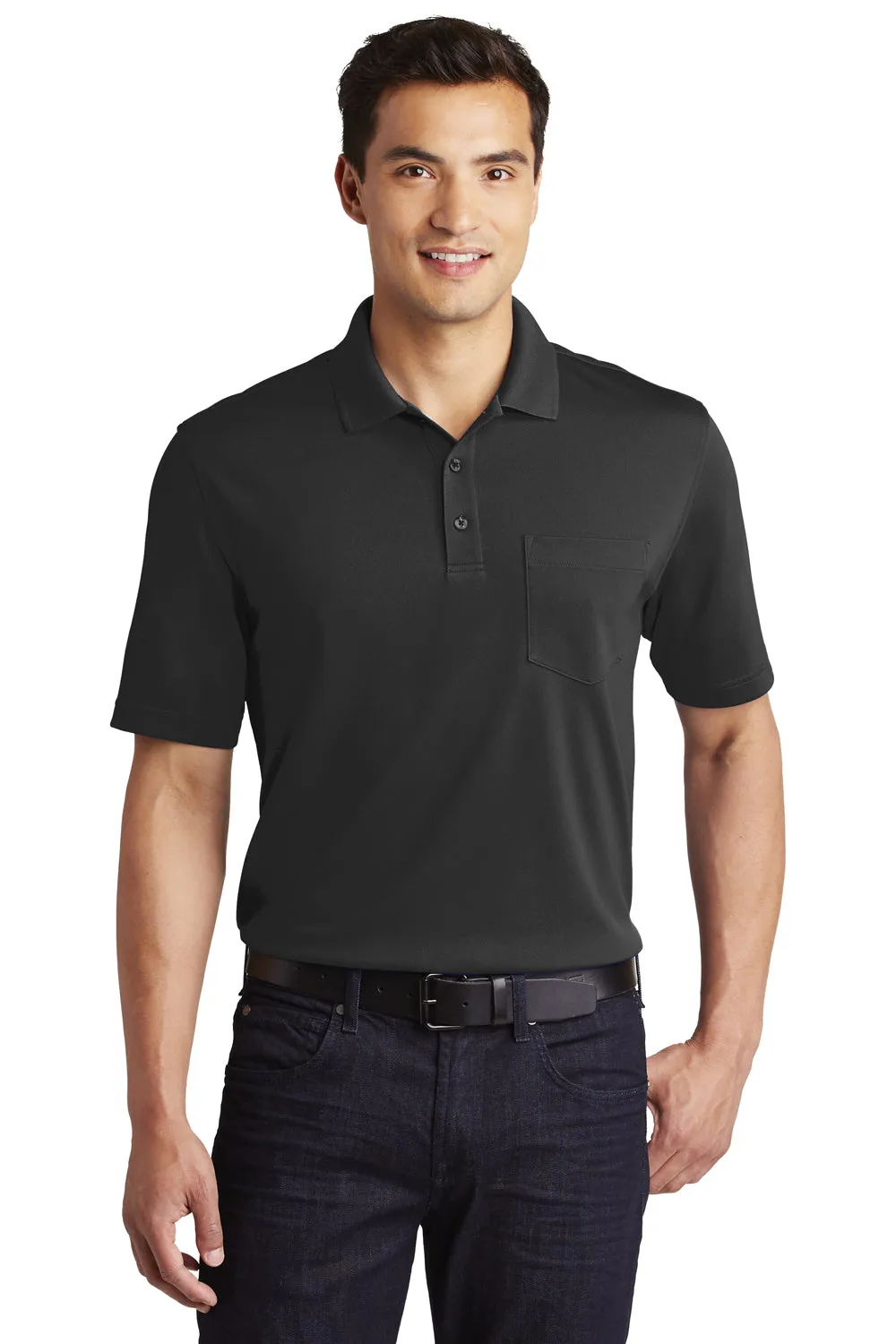 Port Authority Mens Dry Zone Moisture Wicking Short Sleeve Polo Shirt w/ Pocket - Deep Black