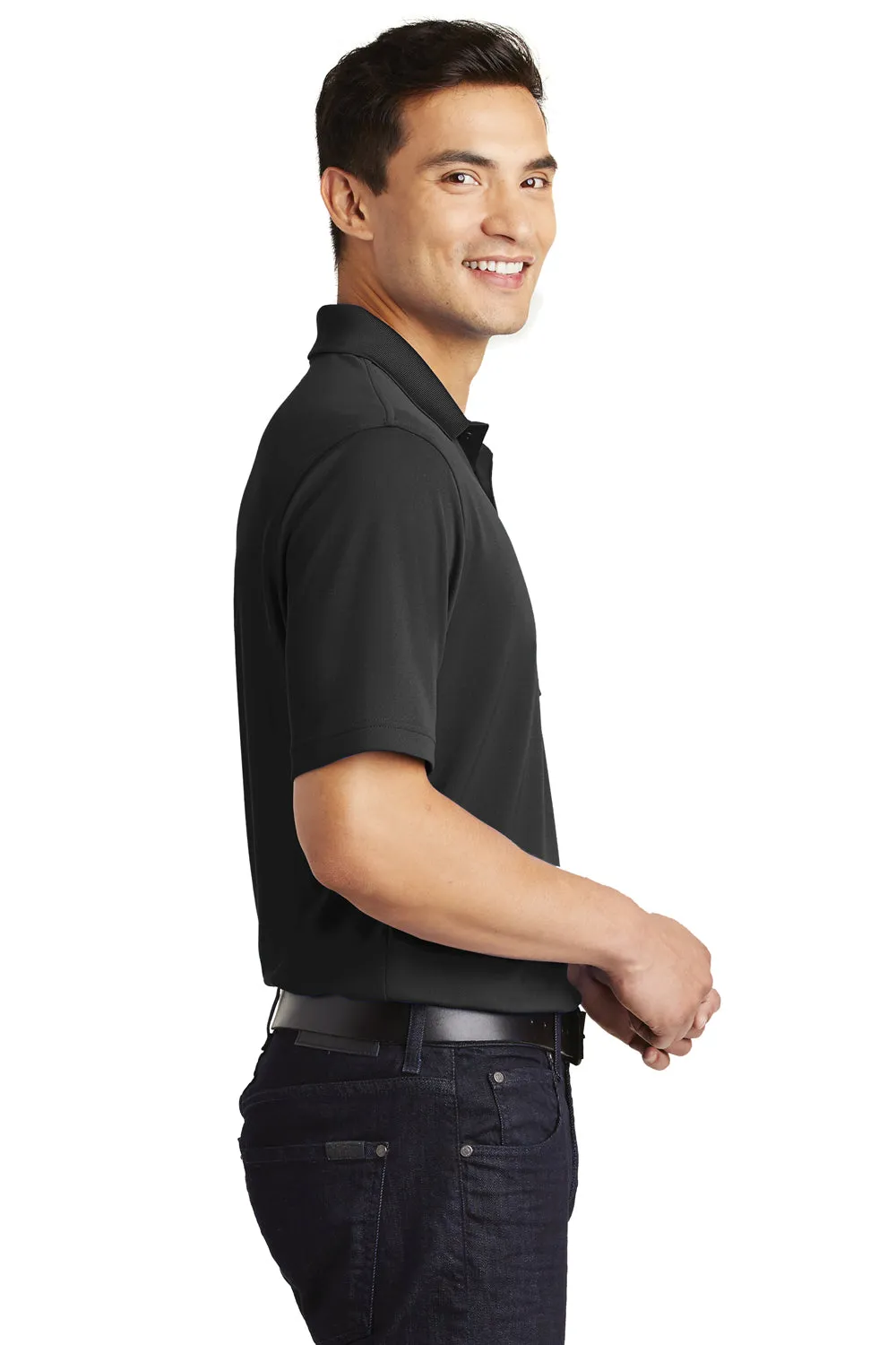 Port Authority Mens Dry Zone Moisture Wicking Short Sleeve Polo Shirt w/ Pocket - Deep Black