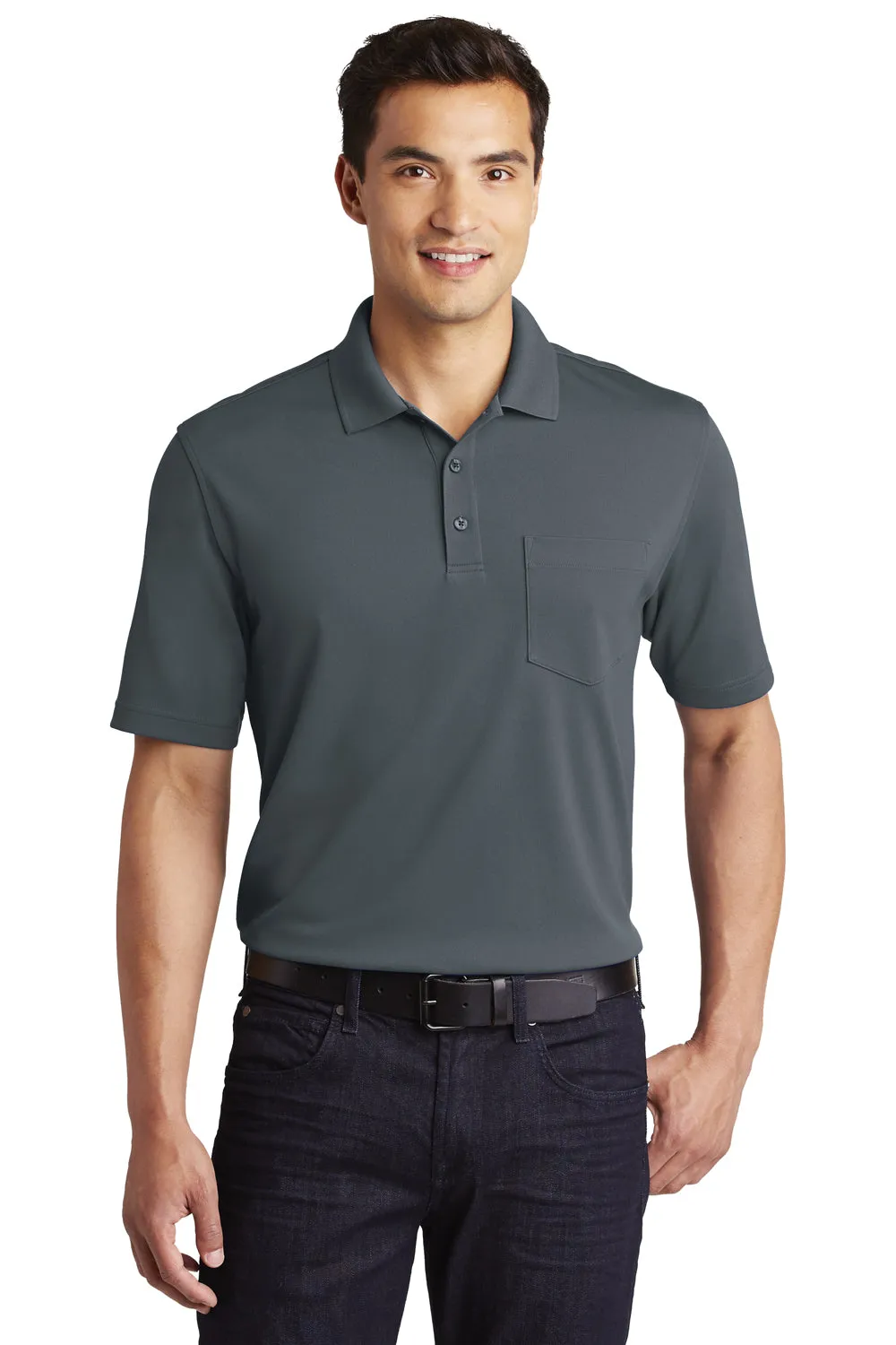 Port Authority Mens Dry Zone Moisture Wicking Short Sleeve Polo Shirt w/ Pocket - Graphite Grey