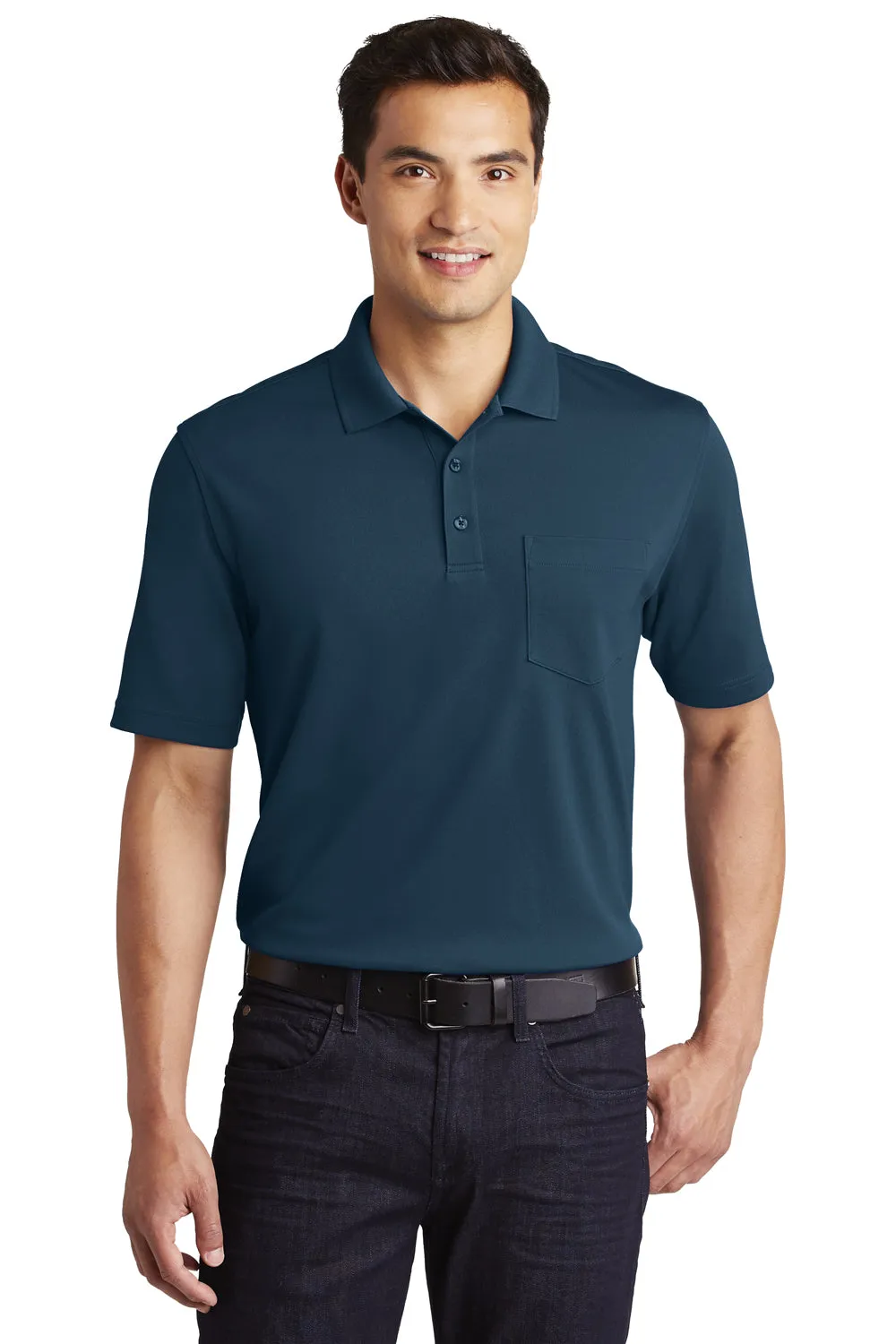 Port Authority Mens Dry Zone Moisture Wicking Short Sleeve Polo Shirt w/ Pocket - River Navy Blue