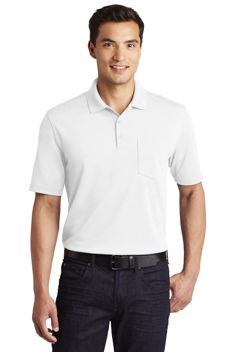 Port Authority Mens Dry Zone Moisture Wicking Short Sleeve Polo Shirt w/ Pocket - White - Closeout