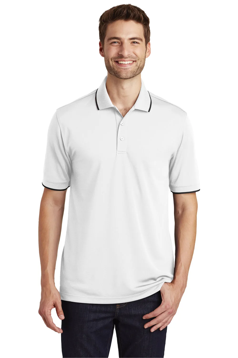 Port Authority Mens Dry Zone Moisture Wicking Short Sleeve Polo Shirt - White/Deep Black - Closeout