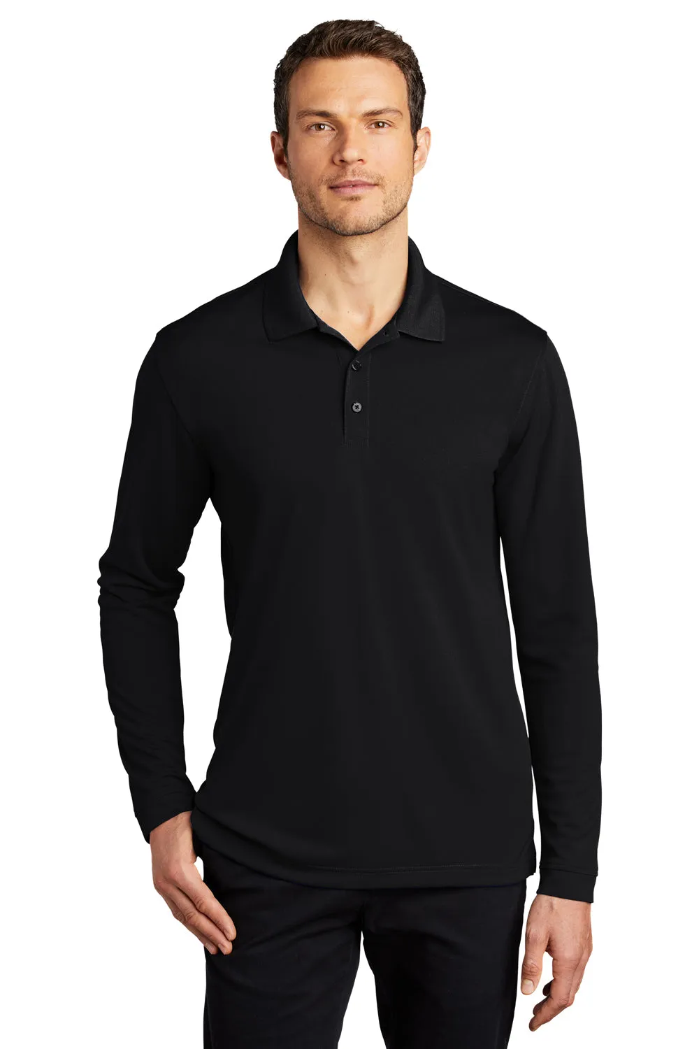 Port Authority Mens Dry Zone Performance Moisture Wicking Long Sleeve Polo Shirt - Deep Black