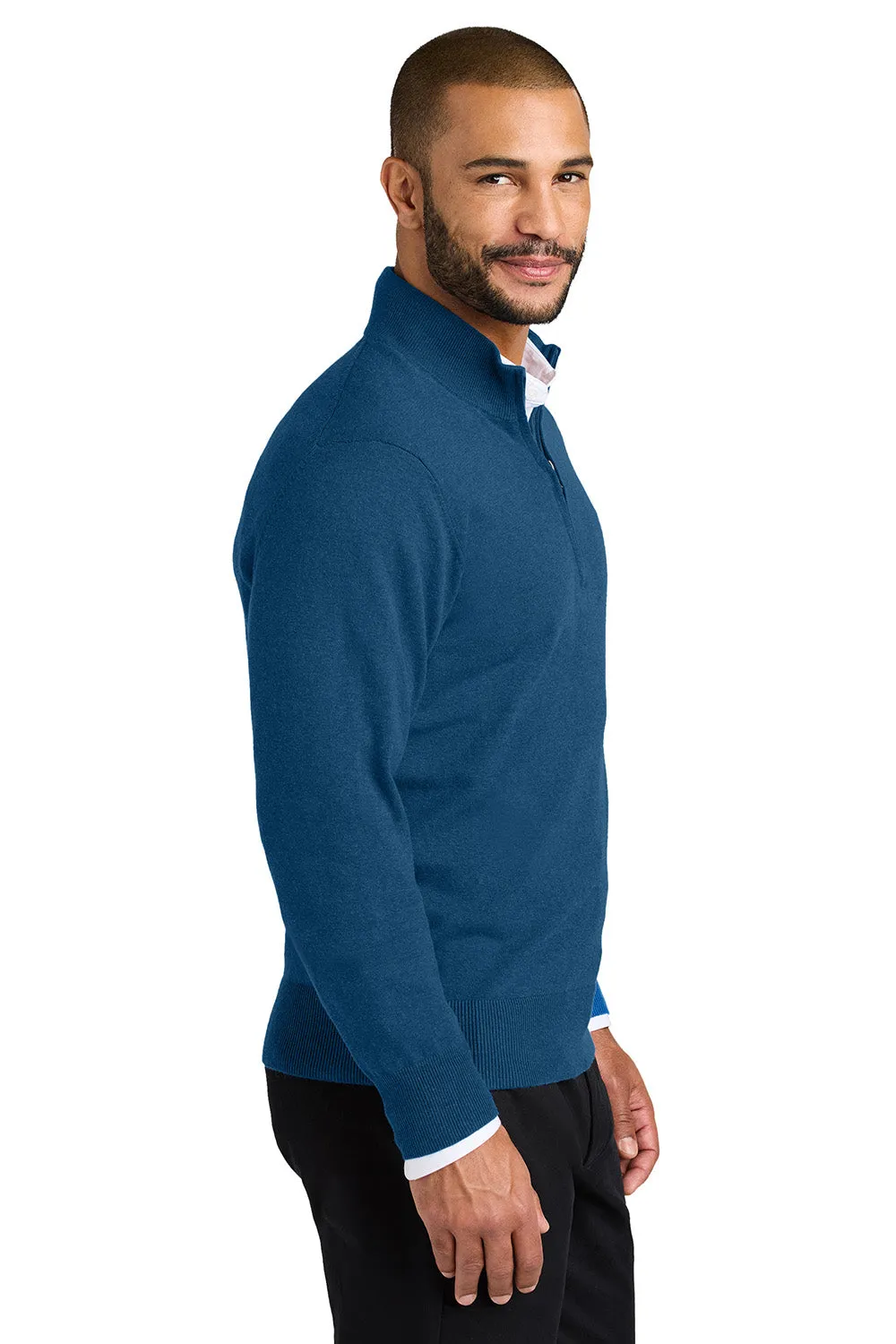 Port Authority Mens Easy Care Long Sleeve 1/4 Zip Sweater - Heather Aegean Blue