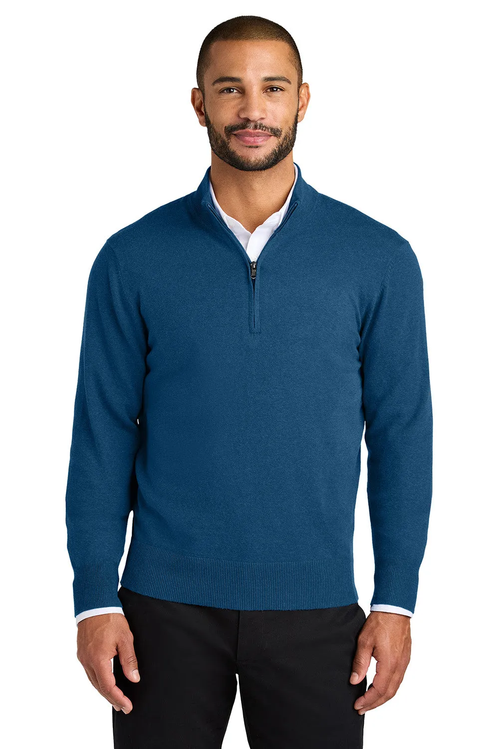 Port Authority Mens Easy Care Long Sleeve 1/4 Zip Sweater - Heather Aegean Blue