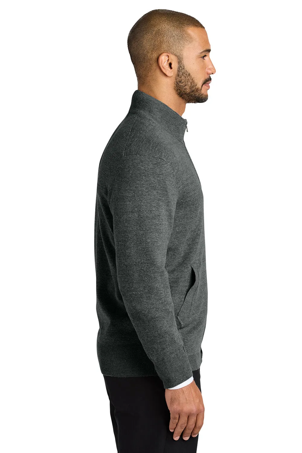 Port Authority Mens Easy Care Long Sleeve Full Zip Sweater w/ Pockets - Heather Charcoal Grey