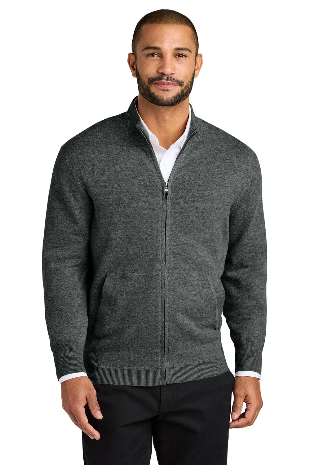 Port Authority Mens Easy Care Long Sleeve Full Zip Sweater w/ Pockets - Heather Charcoal Grey