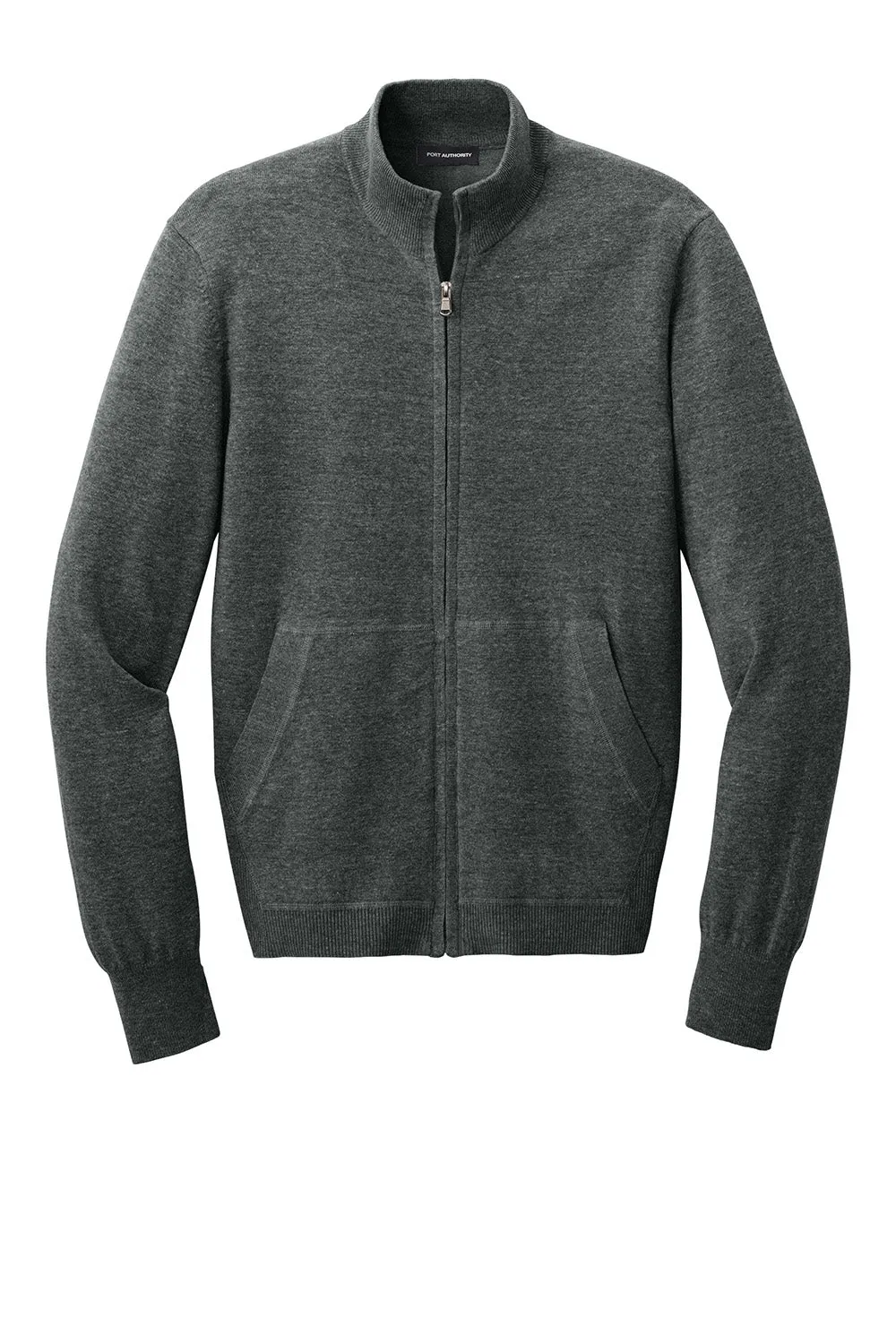 Port Authority Mens Easy Care Long Sleeve Full Zip Sweater w/ Pockets - Heather Charcoal Grey