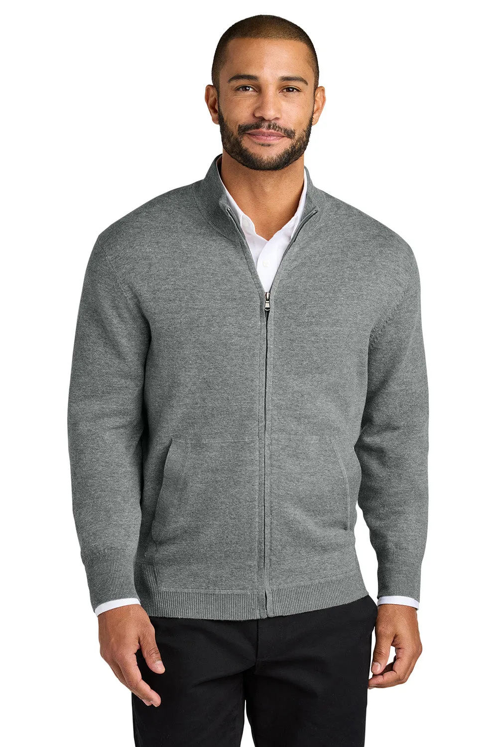 Port Authority Mens Easy Care Long Sleeve Full Zip Sweater w/ Pockets - Heather Medium Grey