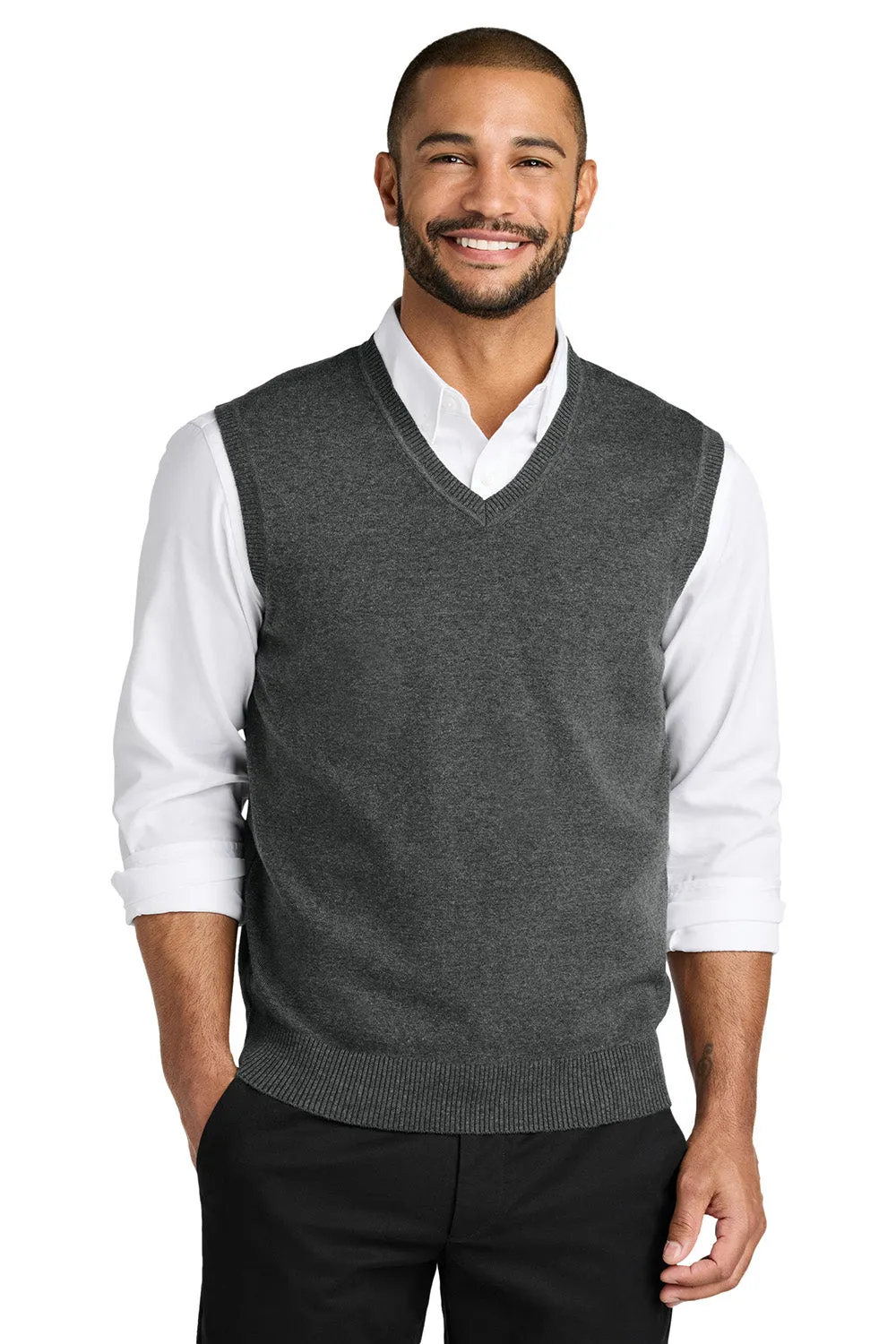 Port Authority Mens Easy Care V-Neck Sweater Vest - Heather Charcoal Grey