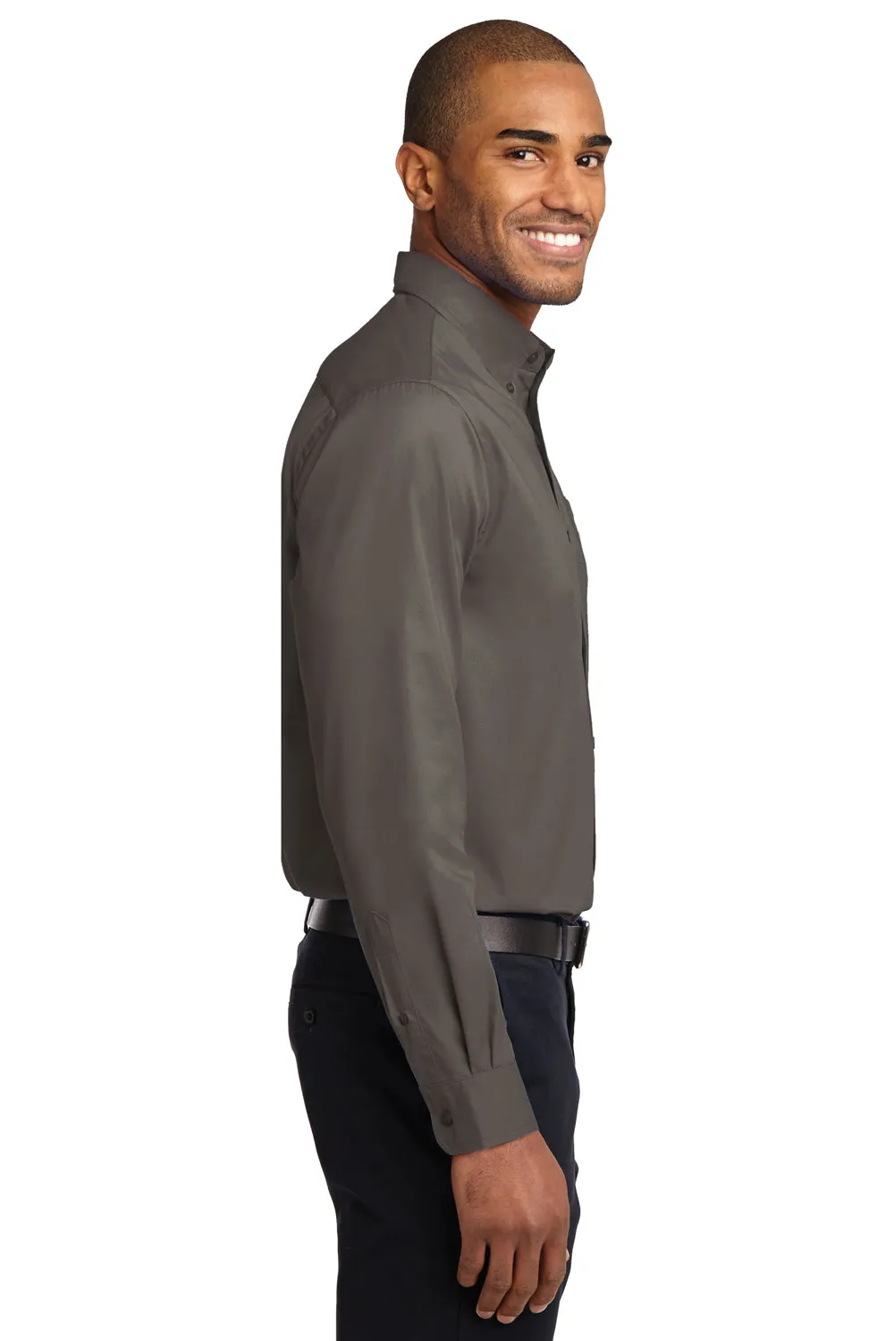 Port Authority Mens Easy Care Wrinkle Resistant Long Sleeve Button Down Shirt w/ Pocket - Bark Brown - Closeout