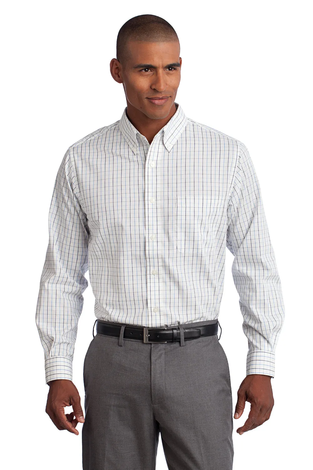 Port Authority Mens Easy Care Wrinkle Resistant Long Sleeve Button Down Shirt w/ Pocket - Blue/Navy Blue - Closeout