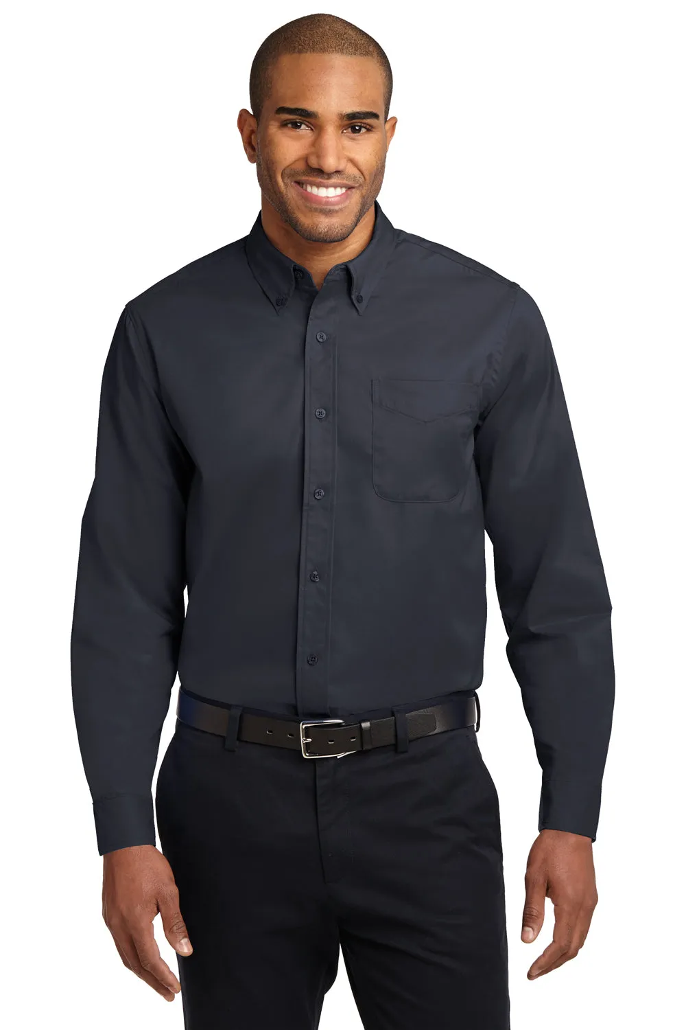 Port Authority Mens Easy Care Wrinkle Resistant Long Sleeve Button Down Shirt w/ Pocket - Classic Navy Blue - Closeout