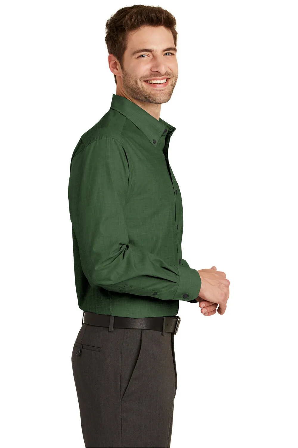 Port Authority Mens Easy Care Wrinkle Resistant Long Sleeve Button Down Shirt w/ Pocket - Dark Cactus Green - Closeout