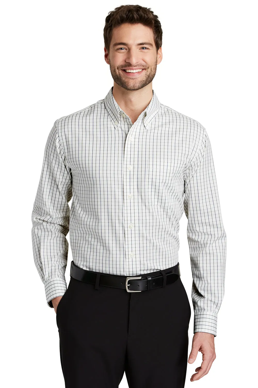 Port Authority Mens Easy Care Wrinkle Resistant Long Sleeve Button Down Shirt w/ Pocket - Green/Navy Blue - Closeout
