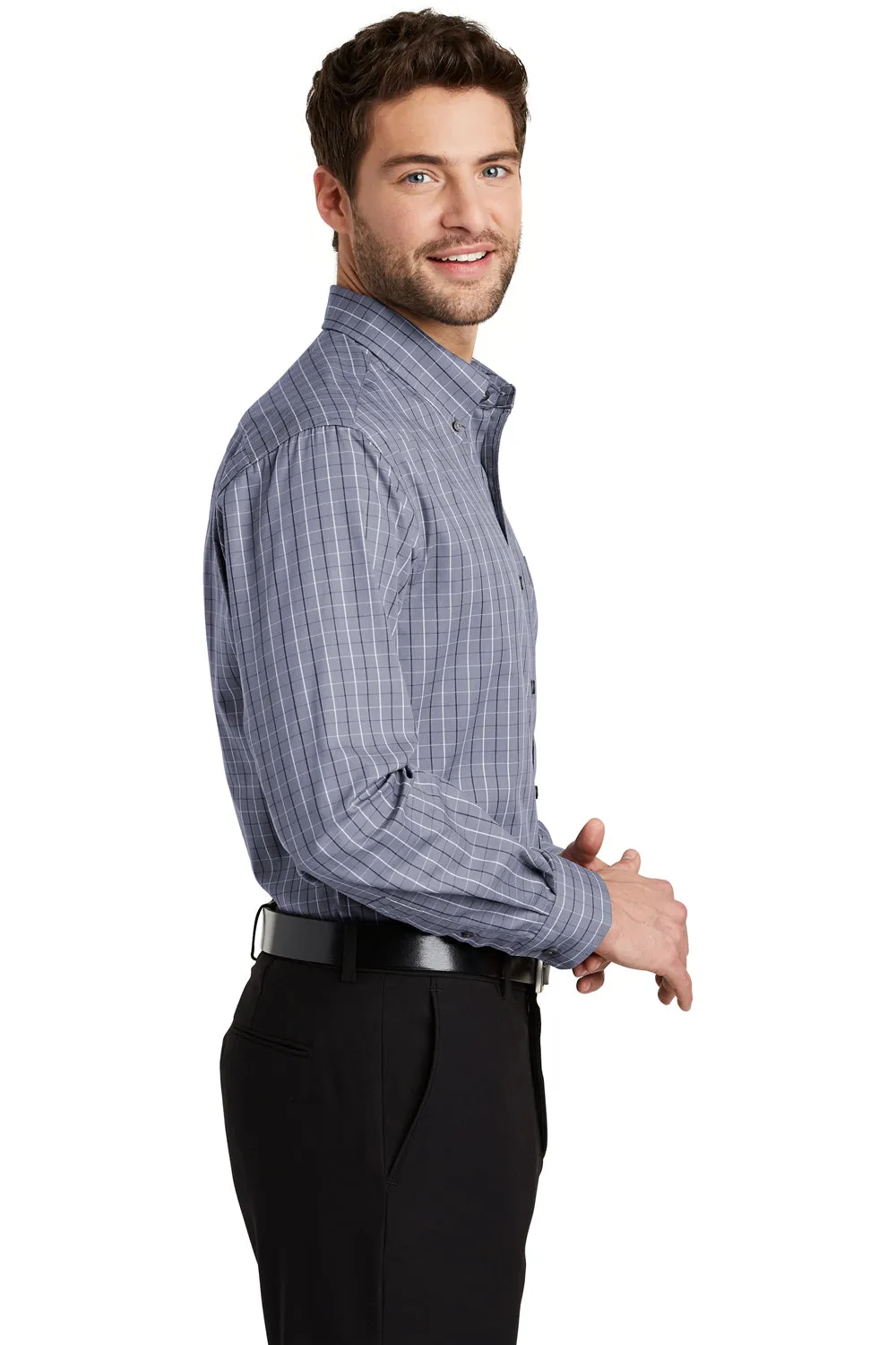 Port Authority Mens Easy Care Wrinkle Resistant Long Sleeve Button Down Shirt w/ Pocket - Grey/White - Closeout