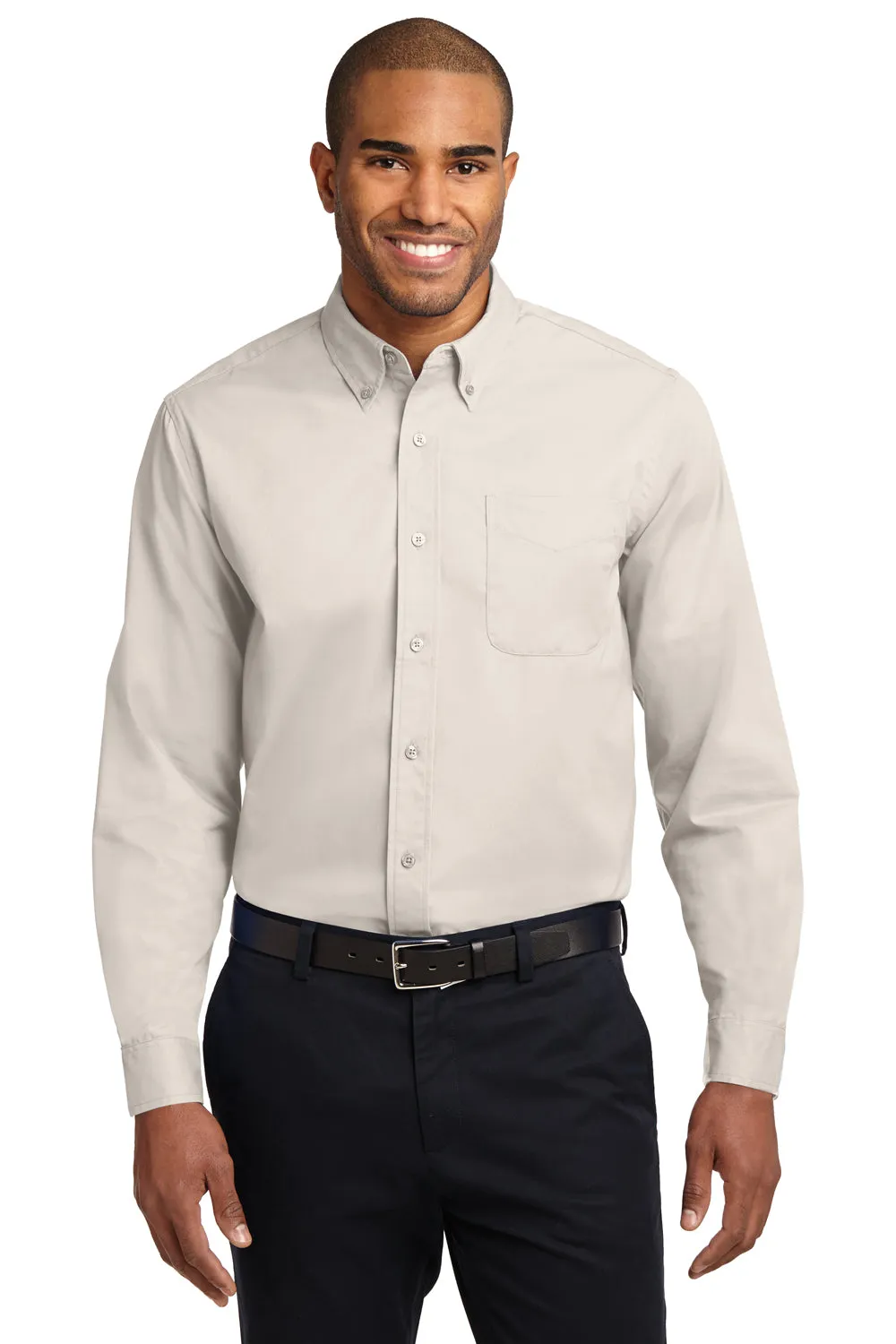 Port Authority Mens Easy Care Wrinkle Resistant Long Sleeve Button Down Shirt w/ Pocket - Light Stone - Closeout