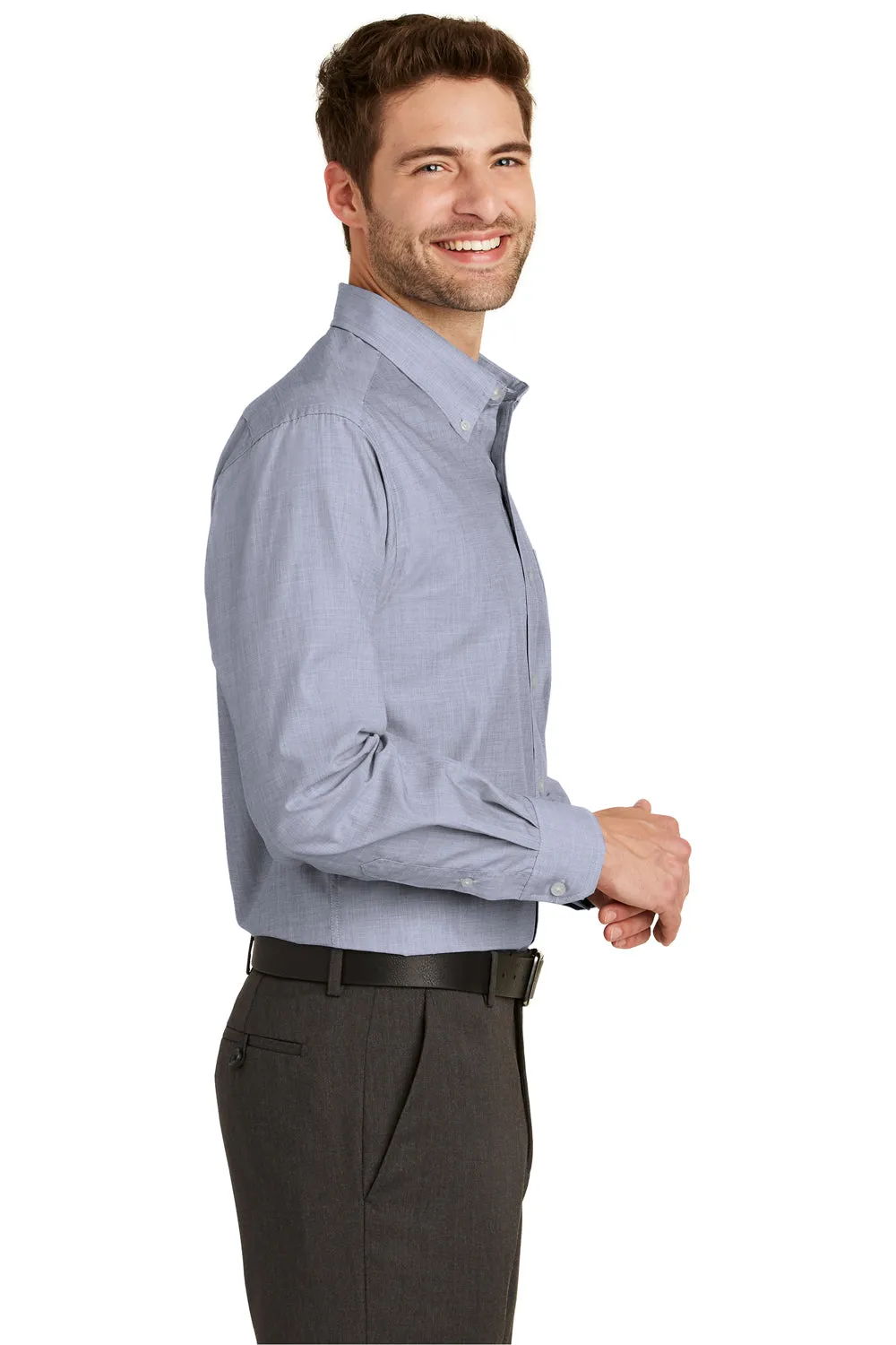 Port Authority Mens Easy Care Wrinkle Resistant Long Sleeve Button Down Shirt w/ Pocket - Navy Blue Frost
