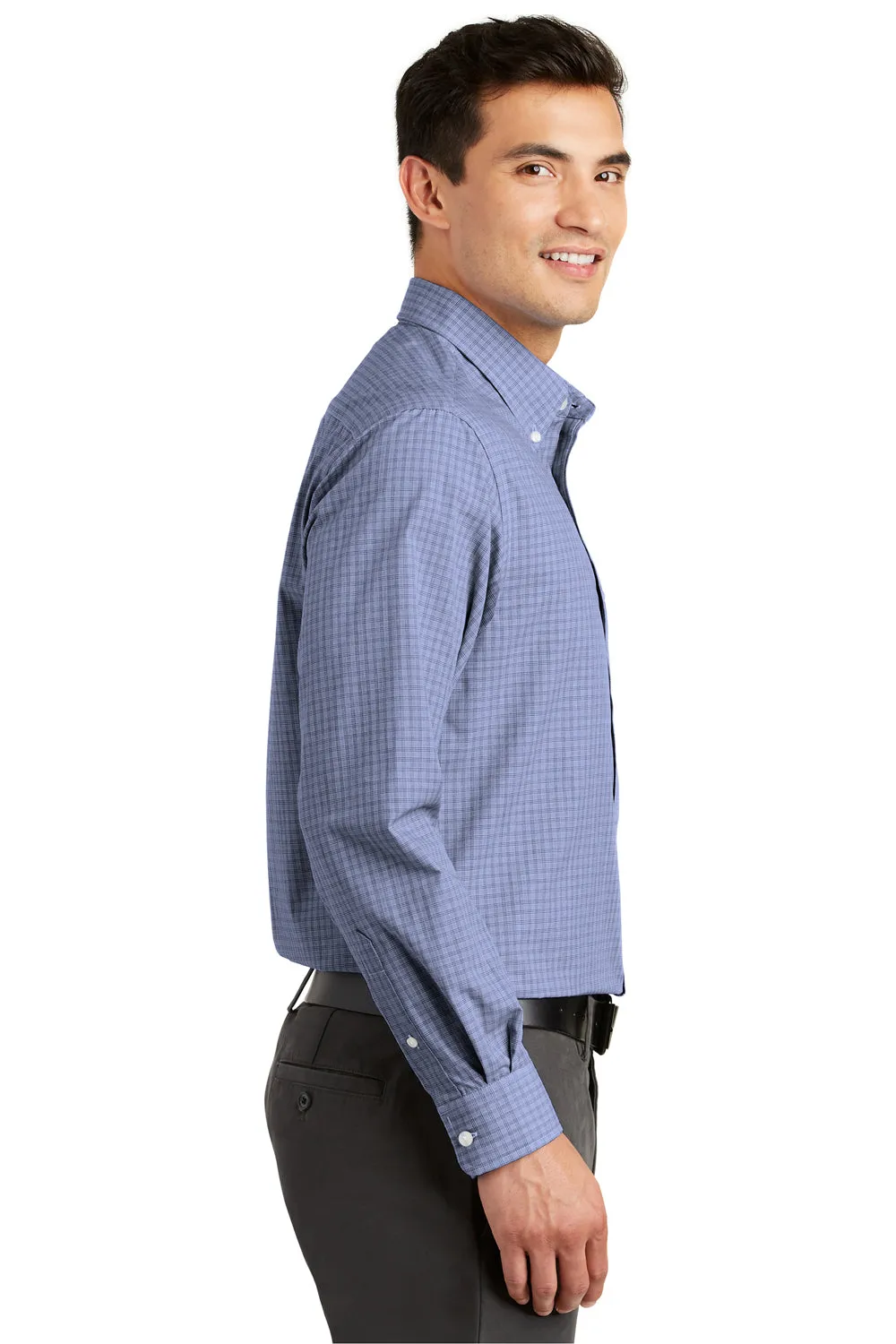 Port Authority Mens Easy Care Wrinkle Resistant Long Sleeve Button Down Shirt w/ Pocket - Navy Blue