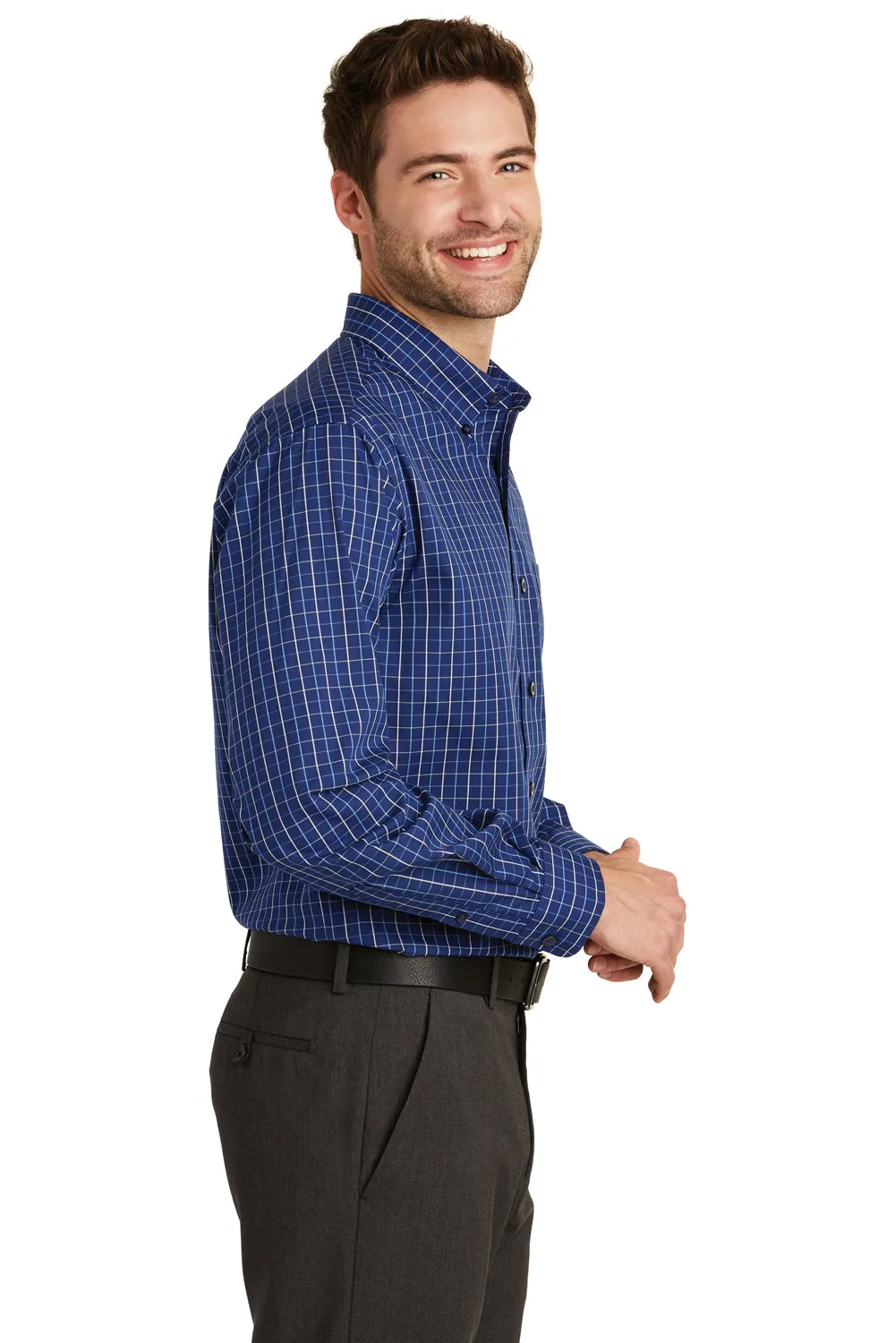 Port Authority Mens Easy Care Wrinkle Resistant Long Sleeve Button Down Shirt w/ Pocket - Navy Blue/White - Closeout