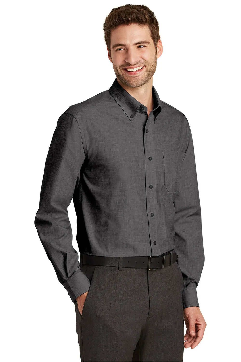 Port Authority Mens Easy Care Wrinkle Resistant Long Sleeve Button Down Shirt w/ Pocket - Soft Black