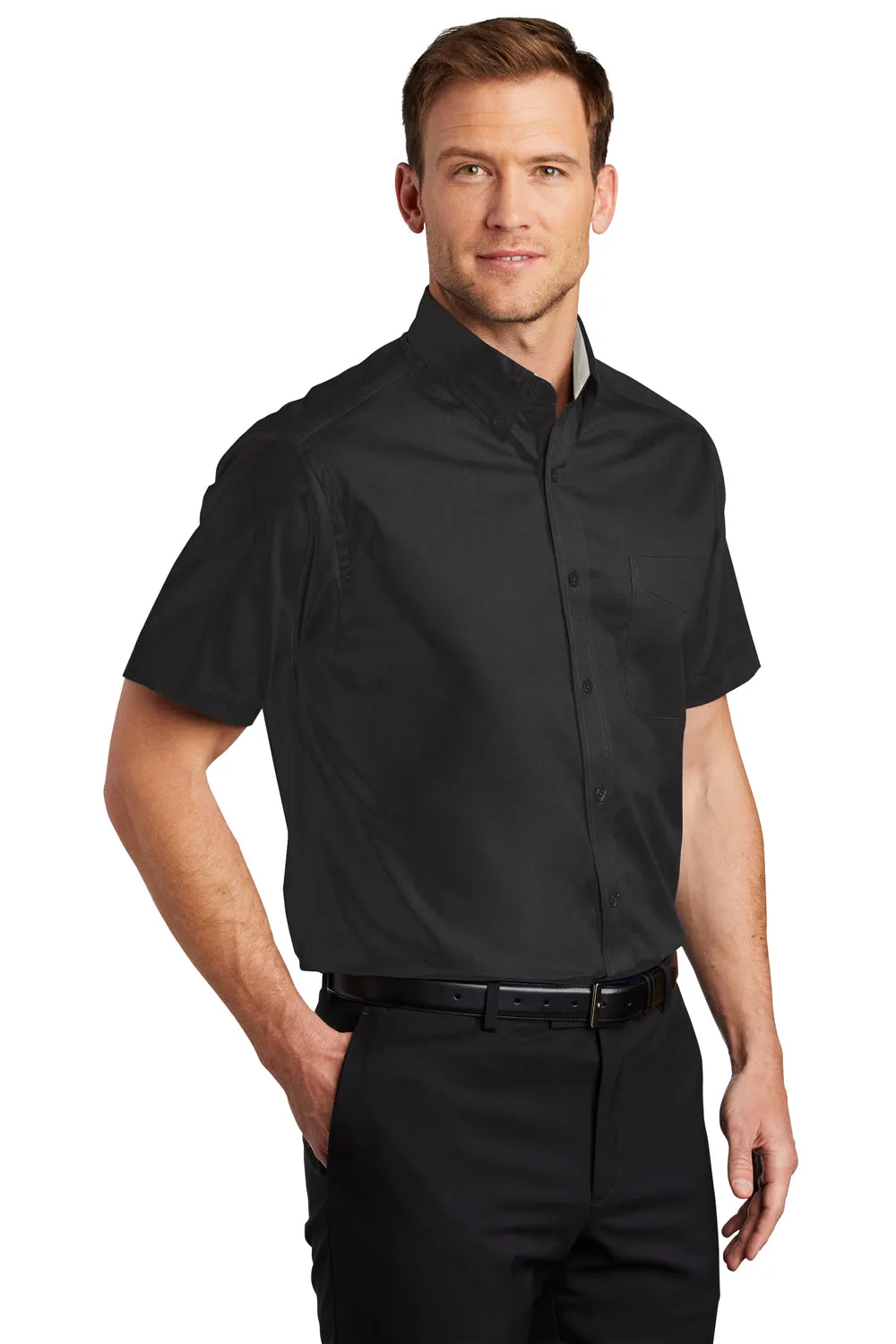 Port Authority Mens Easy Care Wrinkle Resistant Short Sleeve Button Down Shirt w/ Pocket - Black