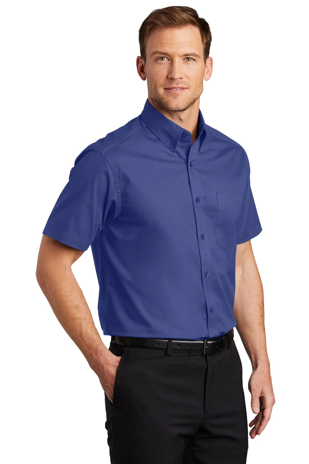 Port Authority Mens Easy Care Wrinkle Resistant Short Sleeve Button Down Shirt w/ Pocket - Mediterranean Blue - Closeout