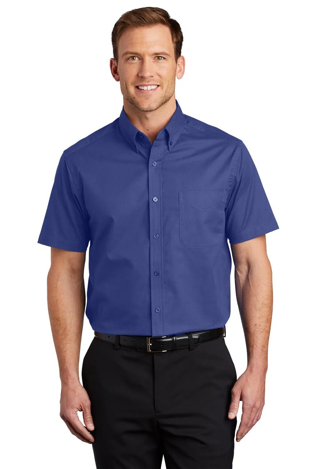 Port Authority Mens Easy Care Wrinkle Resistant Short Sleeve Button Down Shirt w/ Pocket - Mediterranean Blue - Closeout