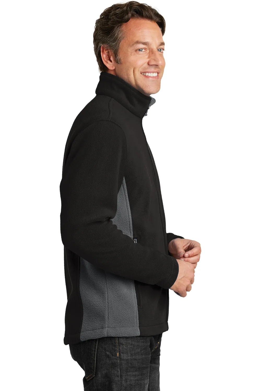Port Authority Mens Full Zip Fleece Jacket - Black/Battleship Grey - Closeout