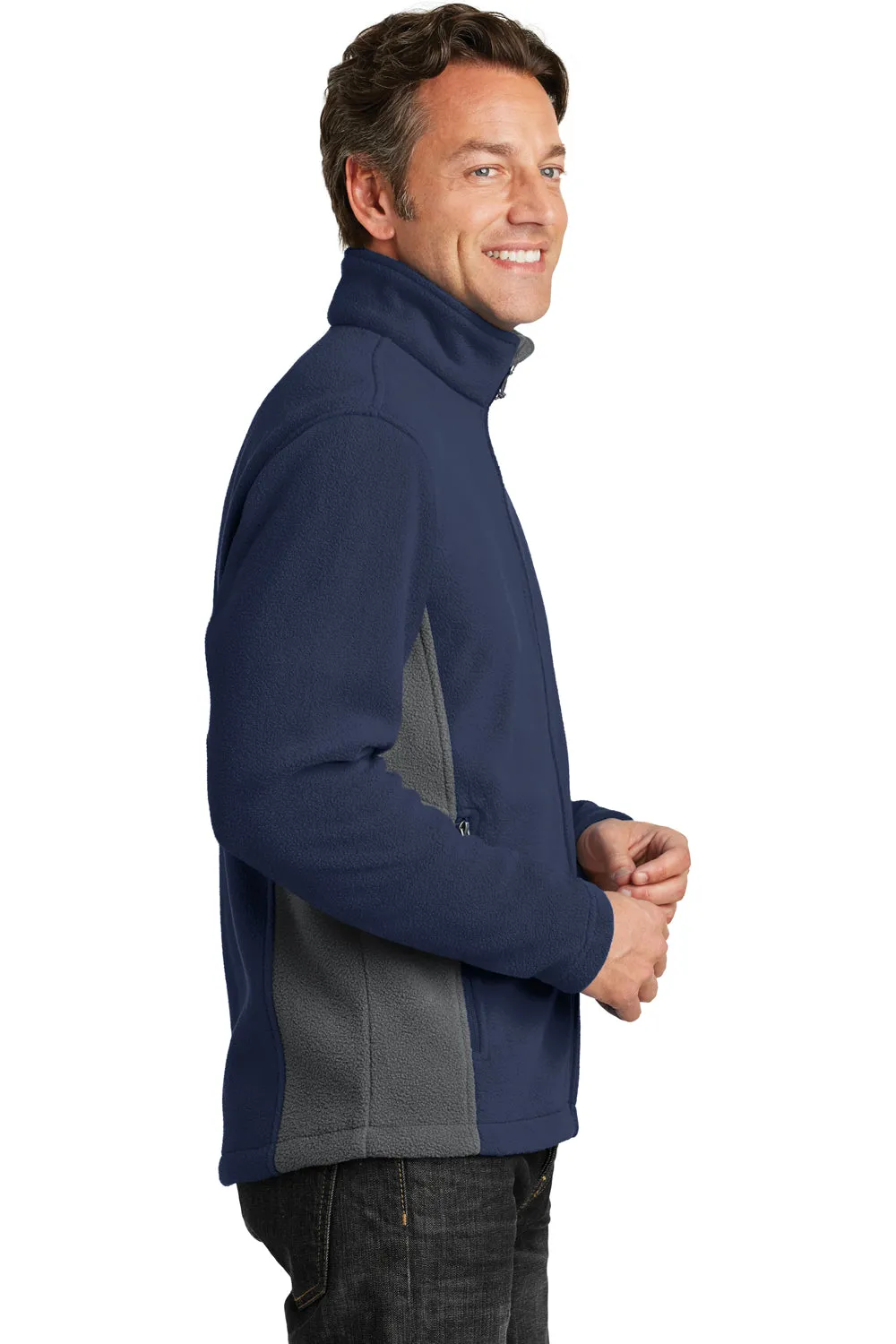 Port Authority Mens Full Zip Fleece Jacket - True Navy Blue/Battleship Grey - Closeout