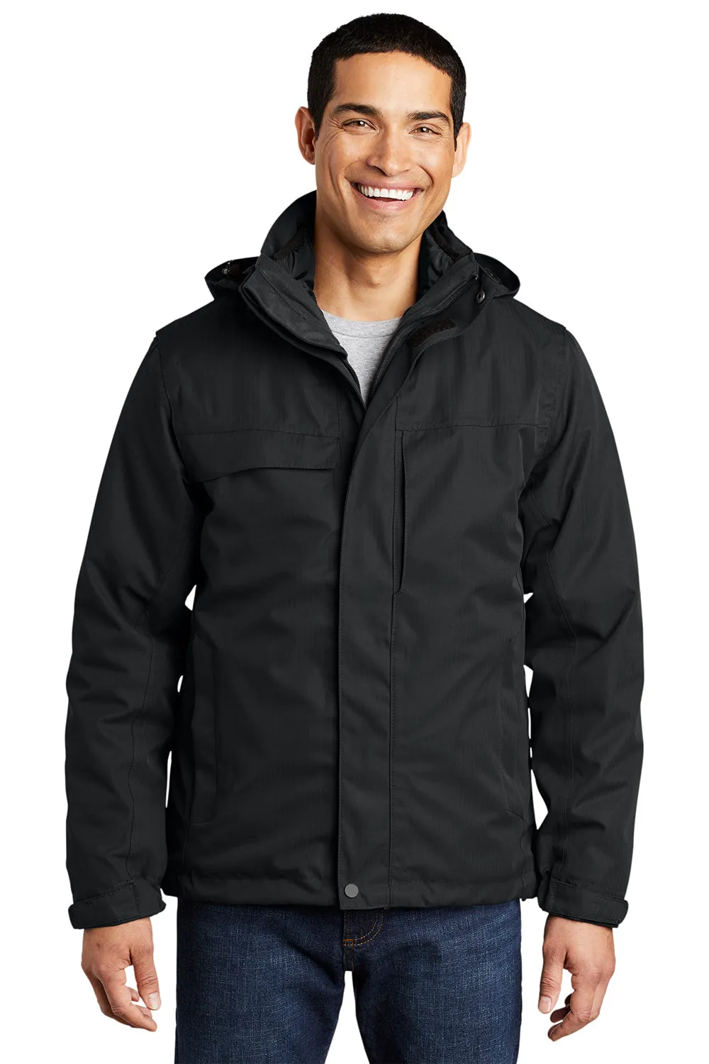 Port Authority Mens Herringbone 3-in-1 Waterproof Full Zip Hooded Jacket - Black