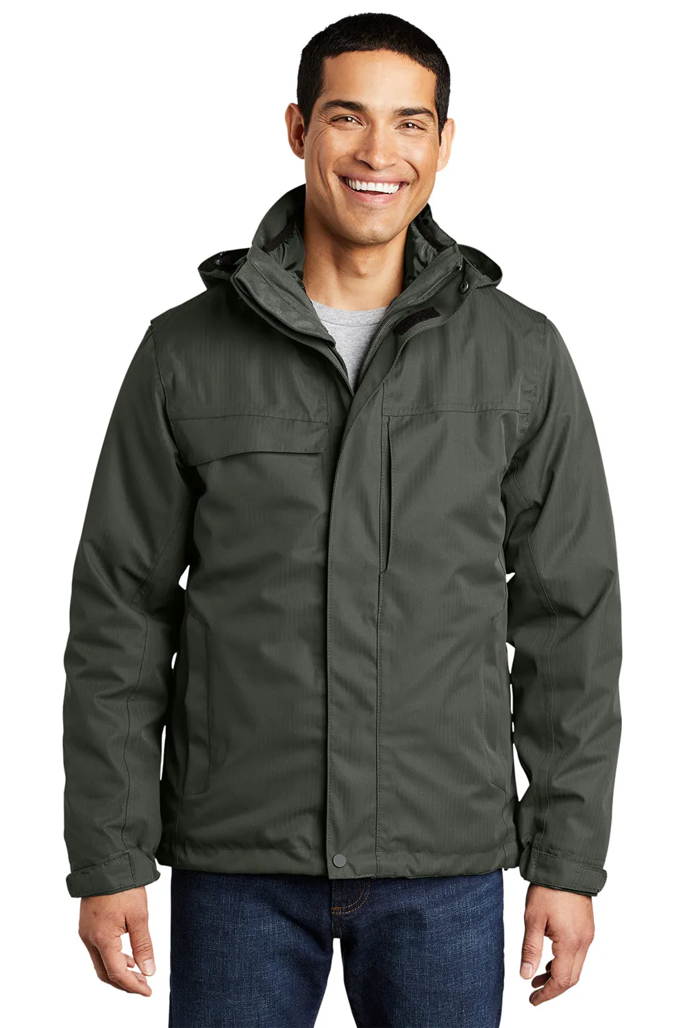 Port Authority Mens Herringbone 3-in-1 Waterproof Full Zip Hooded Jacket - Spruce Green