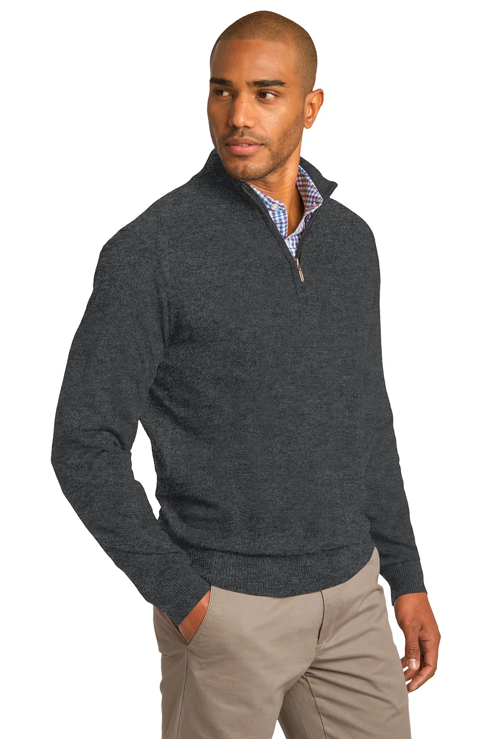 Port Authority Mens Long Sleeve 1/4 Zip Sweater - Heather Charcoal Grey - Closeout