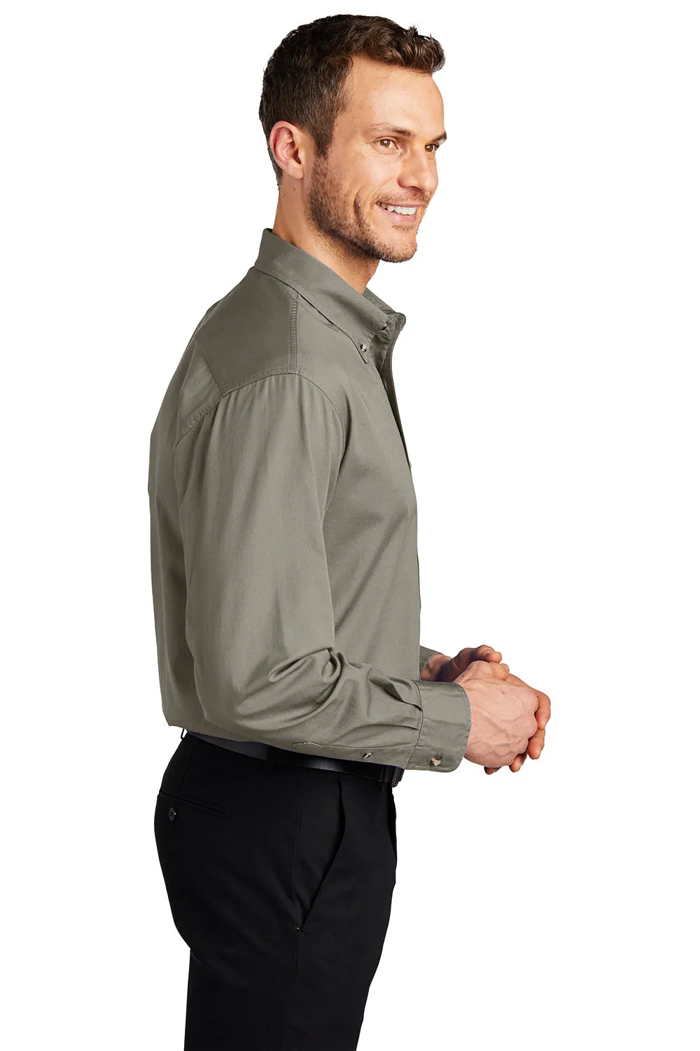 Port Authority Mens Long Sleeve Button Down Shirt w/ Pocket - Khaki