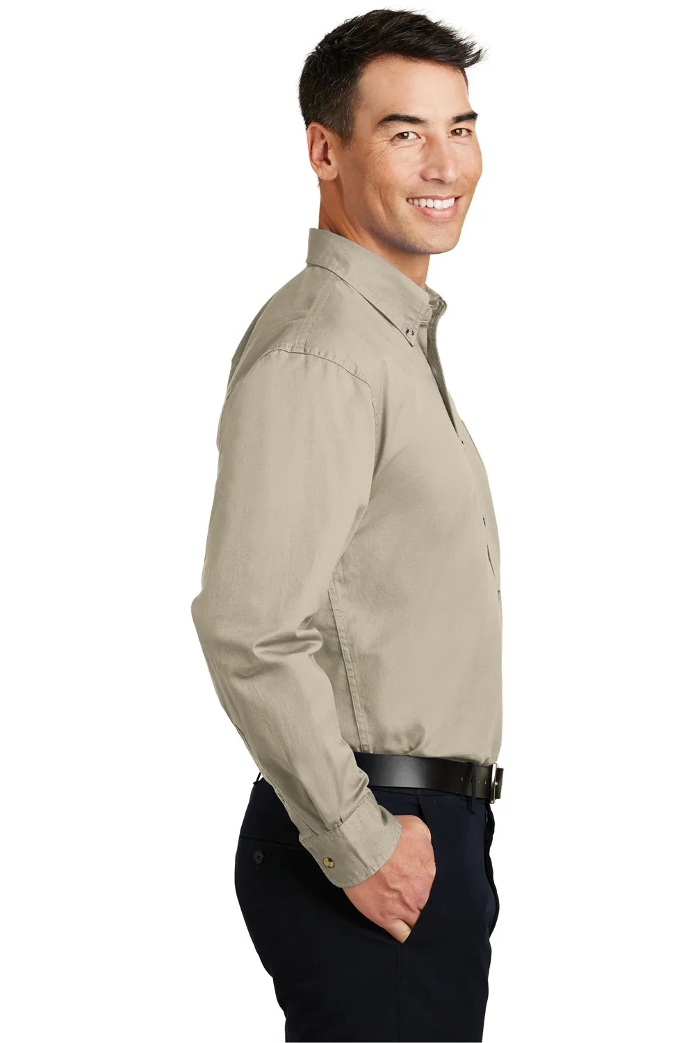 Port Authority Mens Long Sleeve Button Down Shirt w/ Pocket - Stone - Closeout