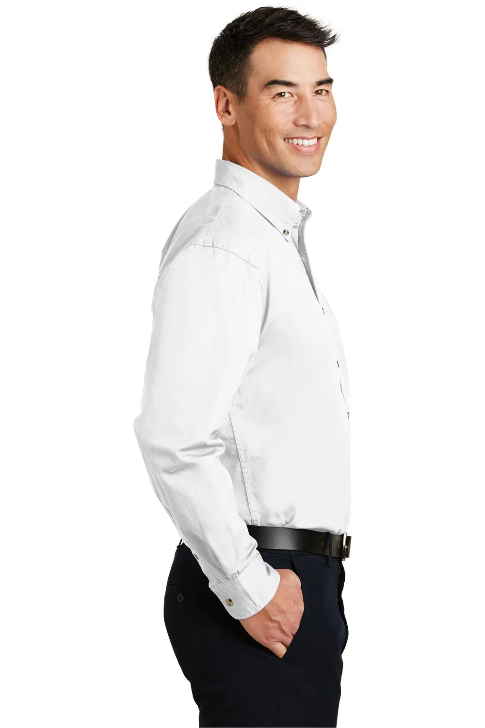 Port Authority Mens Long Sleeve Button Down Shirt w/ Pocket - White - Closeout