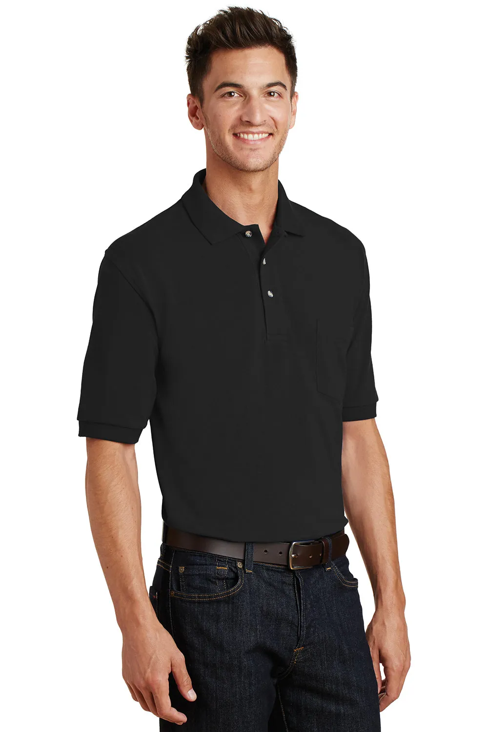Port Authority Mens Shrink Resistant Short Sleeve Polo Shirt w/ Pocket - Black