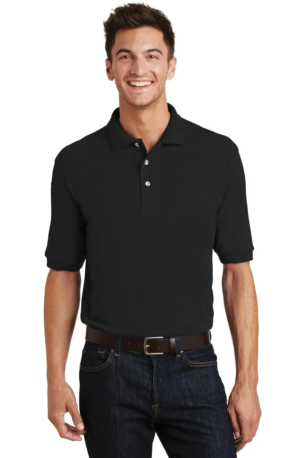Port Authority Mens Shrink Resistant Short Sleeve Polo Shirt w/ Pocket - Black