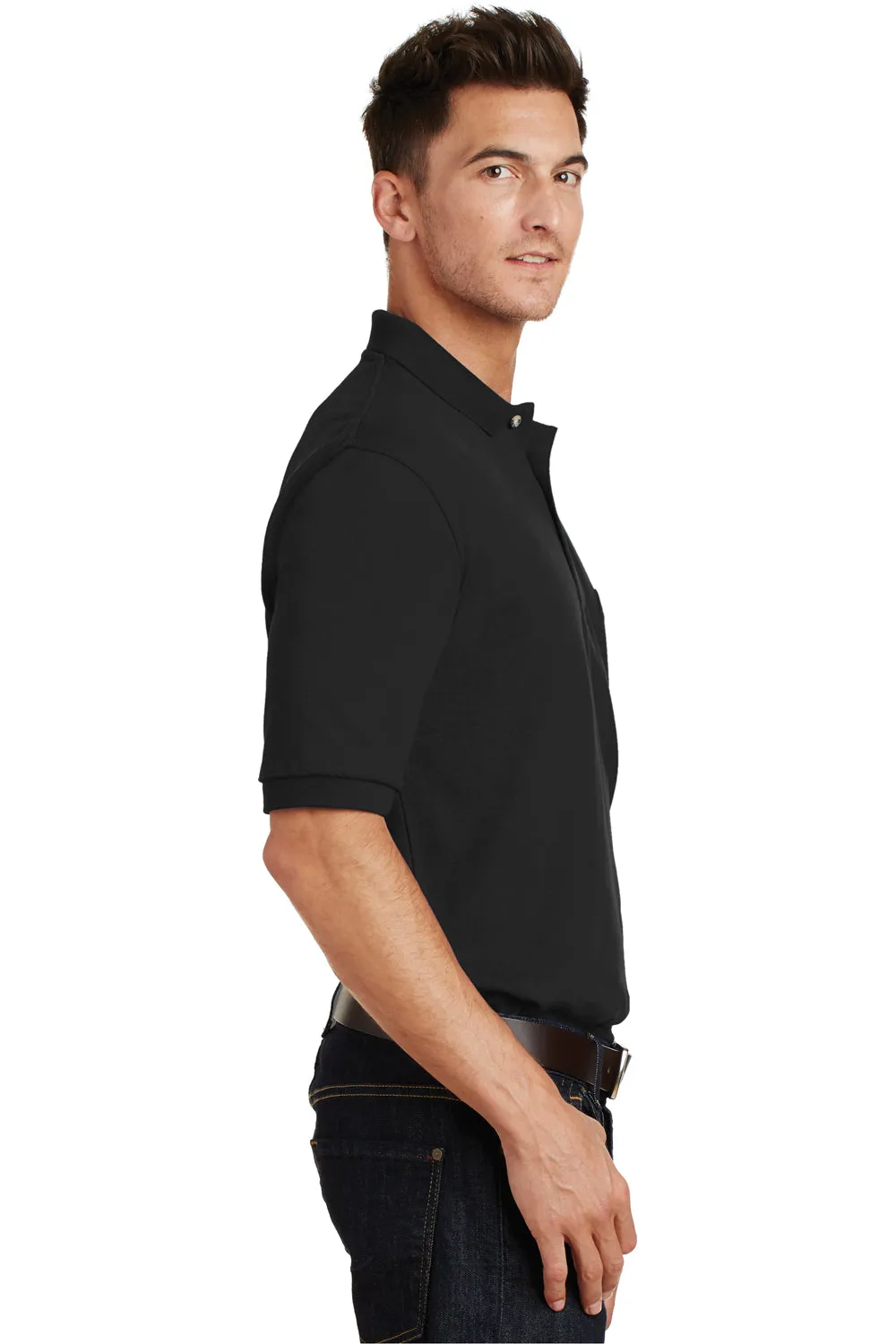 Port Authority Mens Shrink Resistant Short Sleeve Polo Shirt w/ Pocket - Black