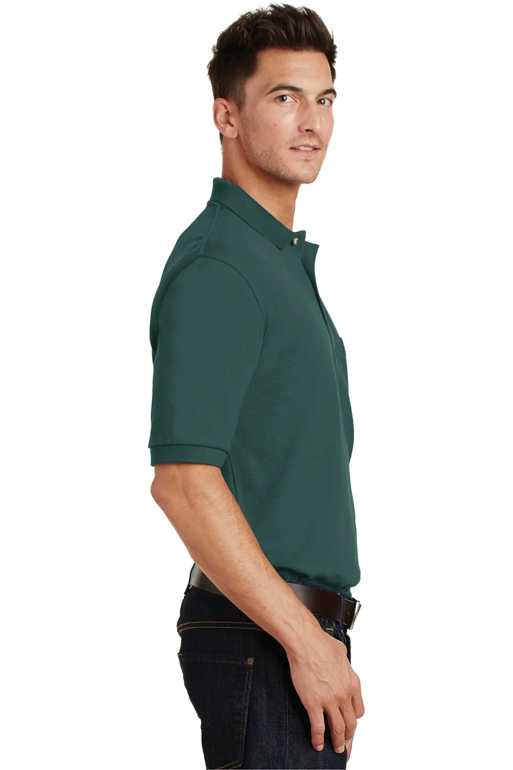 Port Authority Mens Shrink Resistant Short Sleeve Polo Shirt w/ Pocket - Dark Green - Closeout