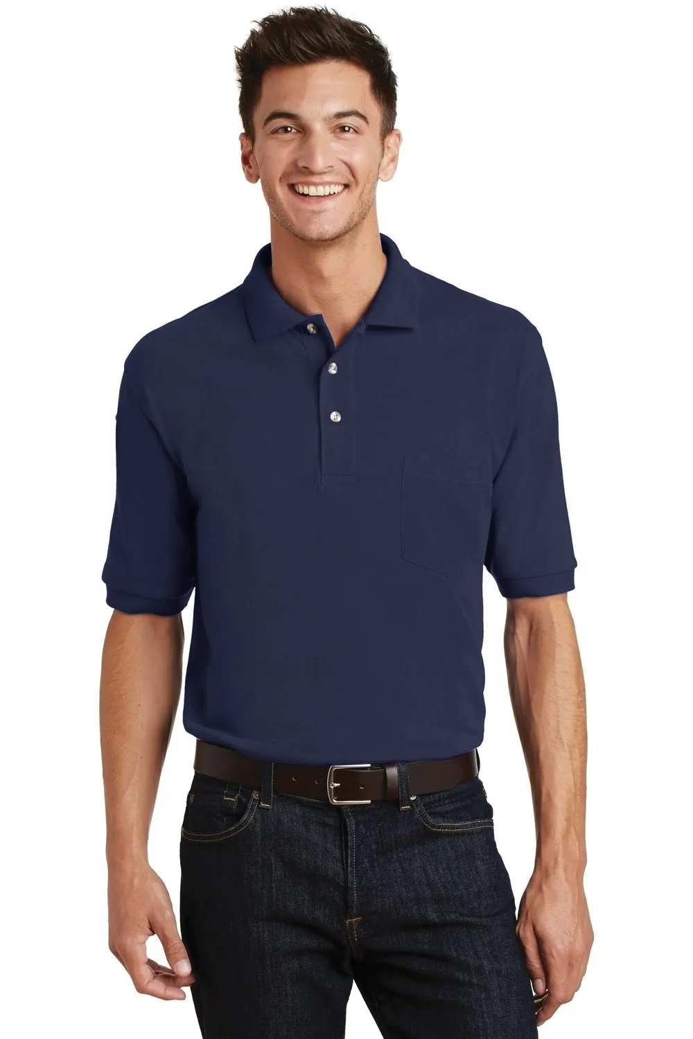Port Authority Mens Shrink Resistant Short Sleeve Polo Shirt w/ Pocket - Navy Blue