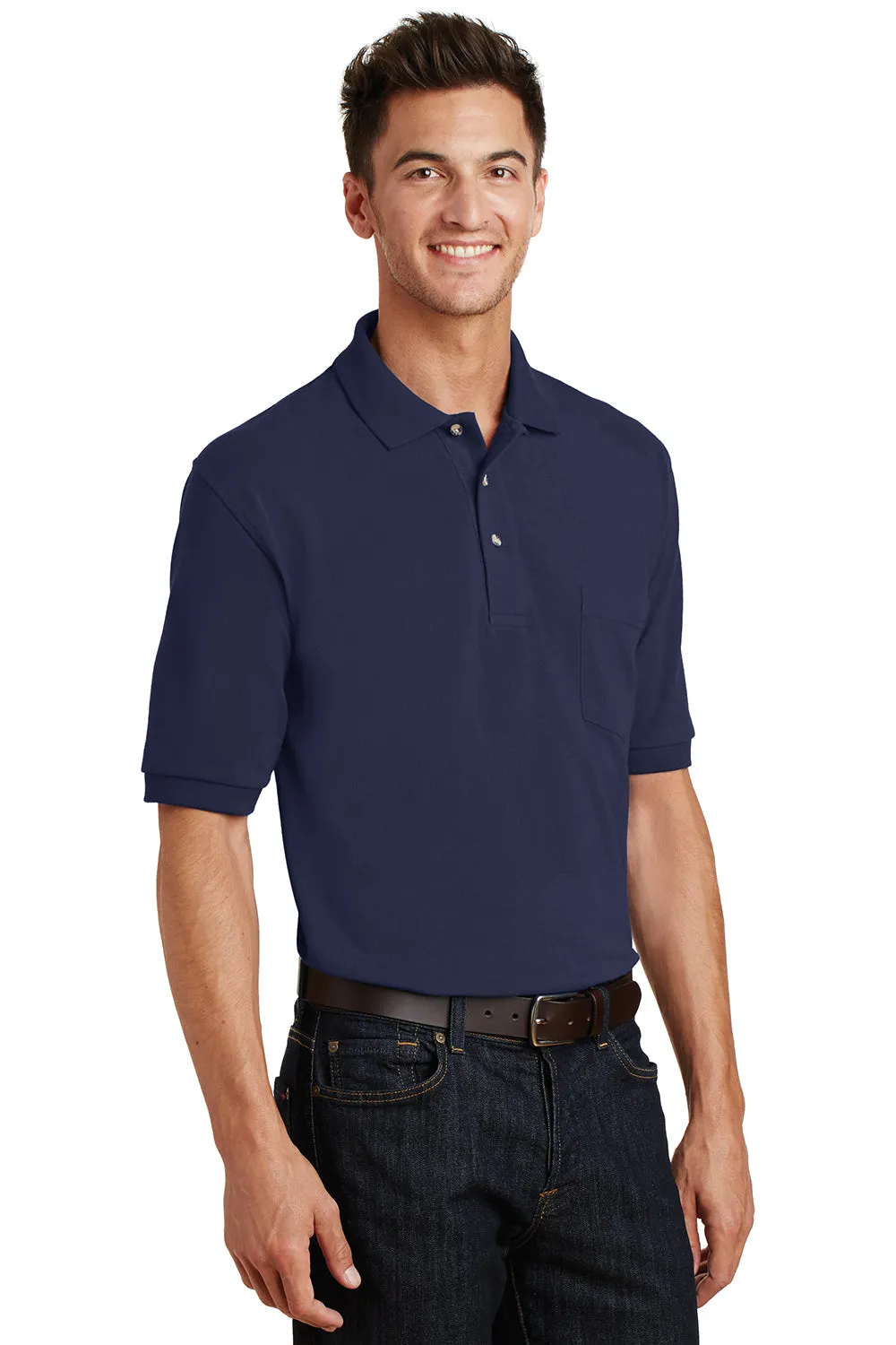 Port Authority Mens Shrink Resistant Short Sleeve Polo Shirt w/ Pocket - Navy Blue