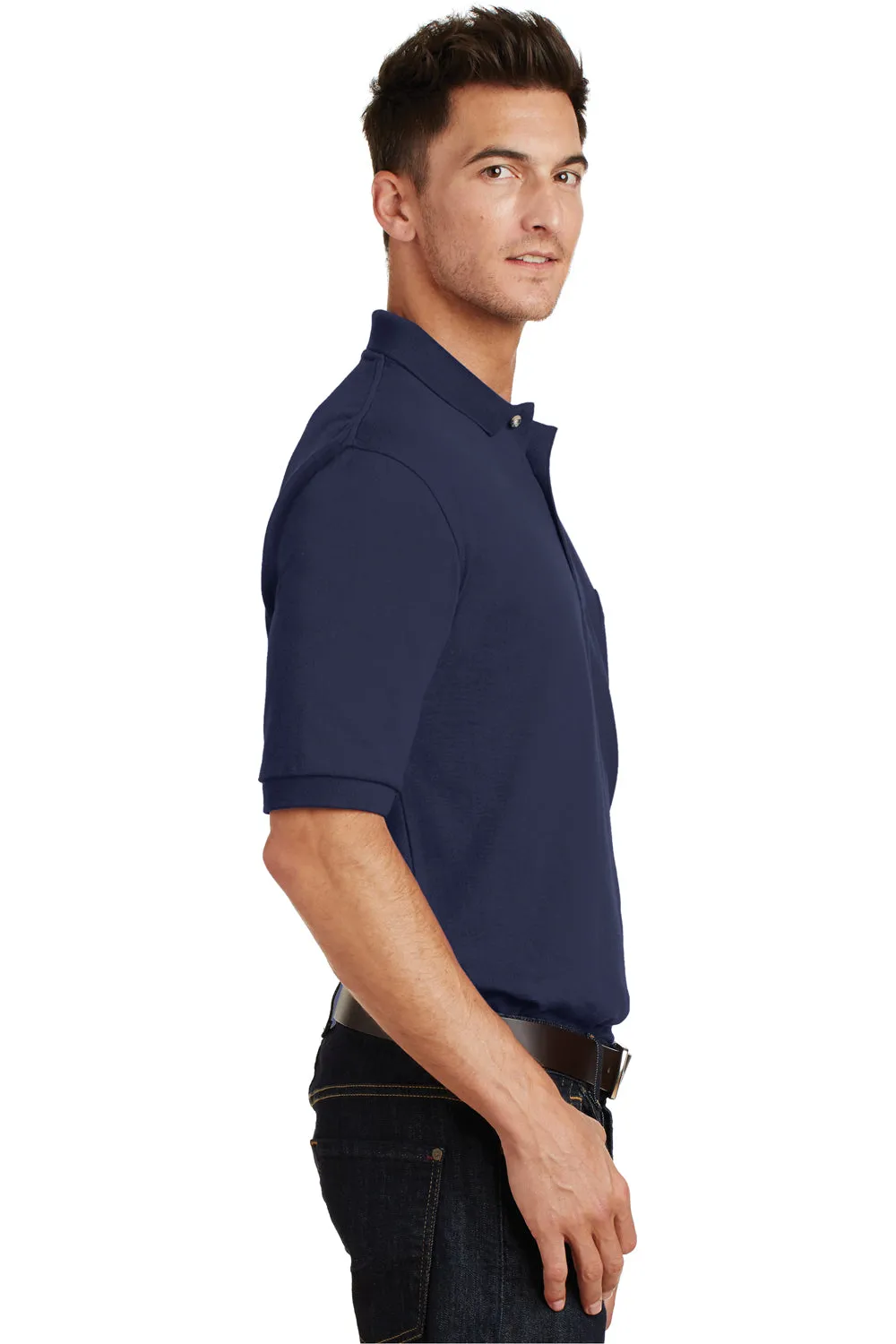 Port Authority Mens Shrink Resistant Short Sleeve Polo Shirt w/ Pocket - Navy Blue