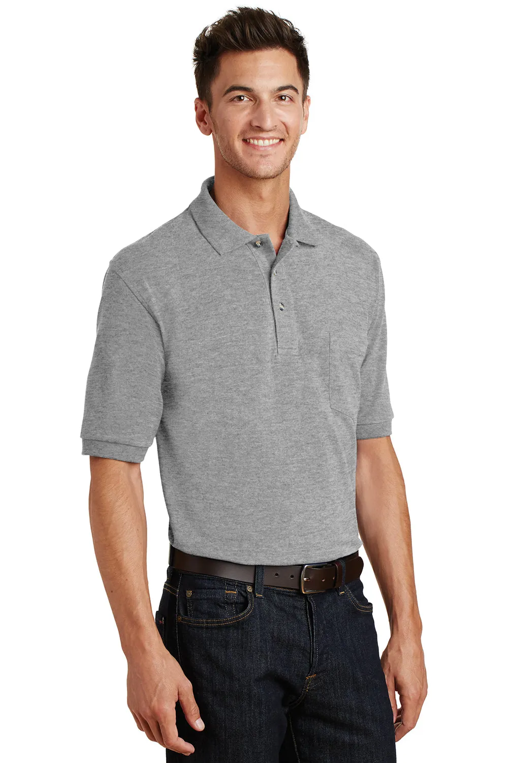 Port Authority Mens Shrink Resistant Short Sleeve Polo Shirt w/ Pocket - Oxford Grey