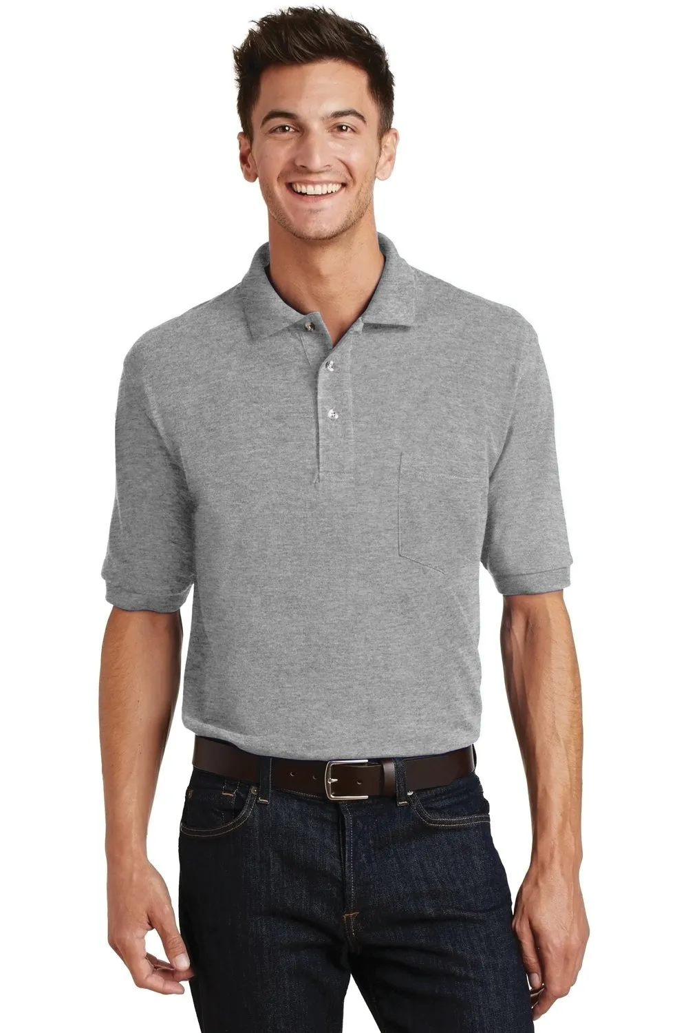 Port Authority Mens Shrink Resistant Short Sleeve Polo Shirt w/ Pocket - Oxford Grey