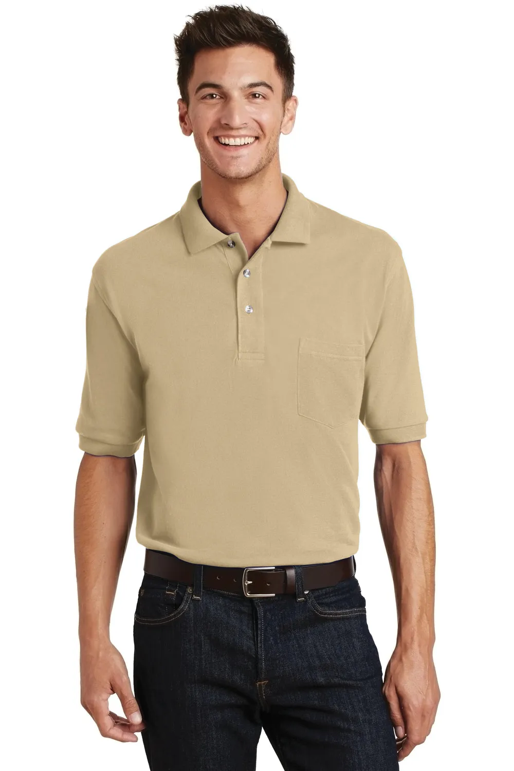 Port Authority Mens Shrink Resistant Short Sleeve Polo Shirt w/ Pocket - Stone - Closeout