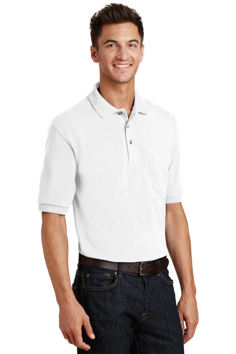 Port Authority Mens Shrink Resistant Short Sleeve Polo Shirt w/ Pocket - White